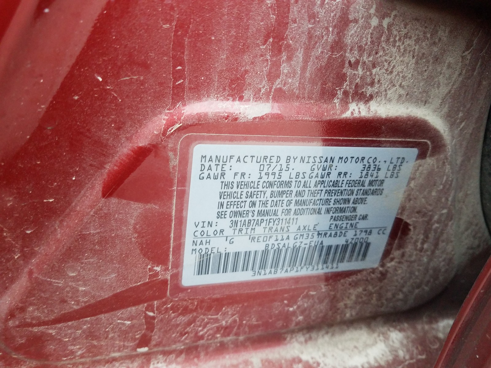Photo 10 from auction – 2015 NISSAN SENTRA S with VIN 3N1AB7AP1FY311411