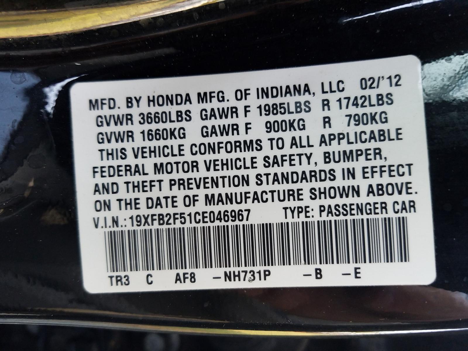 Photo 10 from auction – 2012 HONDA CIVIC LX with VIN 19XFB2F51CE046967