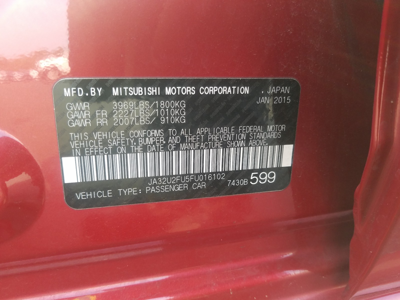 Photo 10 from auction – 2015 MITSUBISHI LANCER ES with VIN JA32U2FU5FU016102