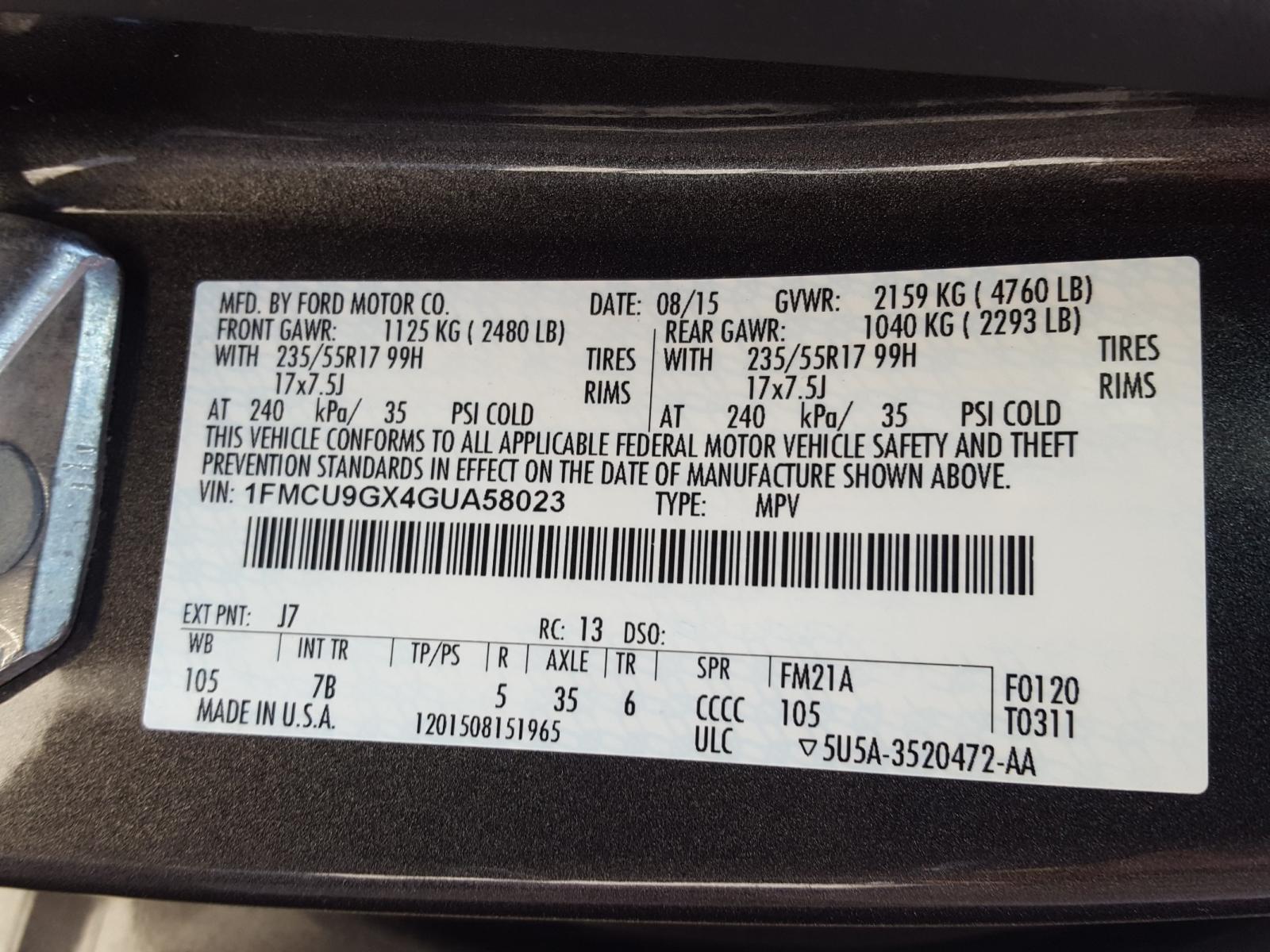 Photo 10 from auction – 2016 FORD ESCAPE SE with VIN 1FMCU9GX4GUA58023