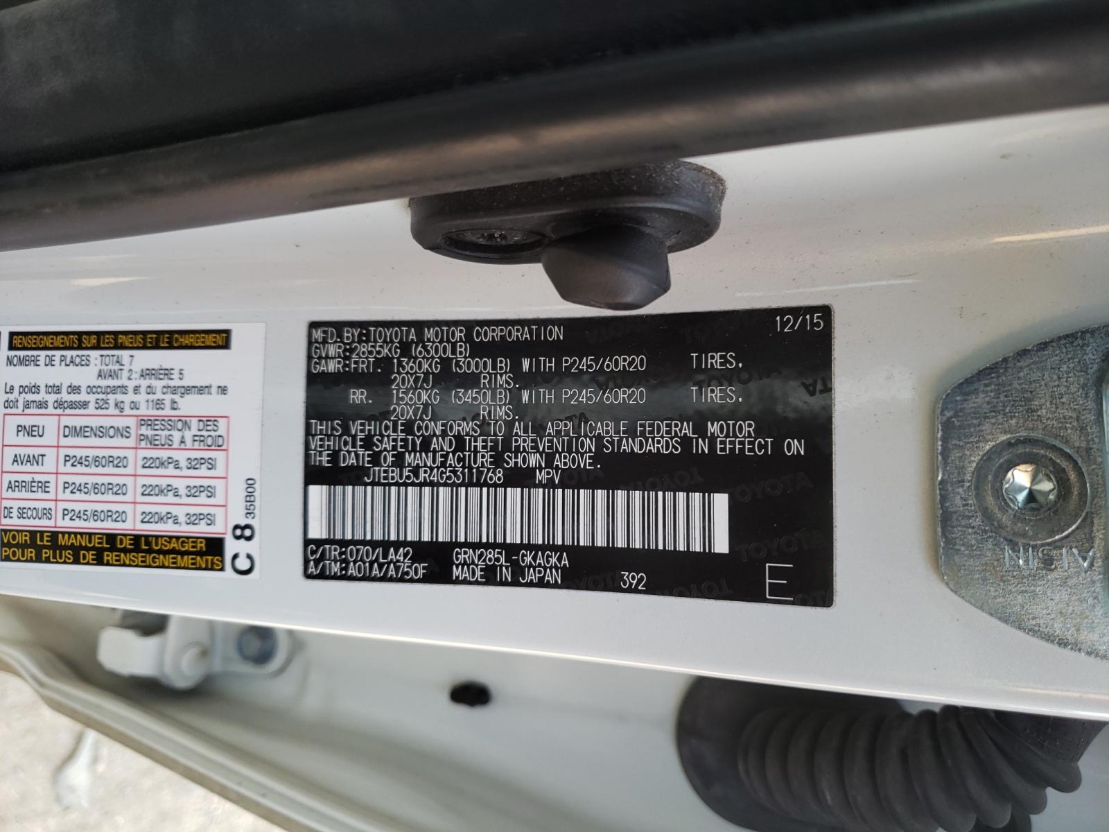 Photo 10 from auction – 2016 TOYOTA 4RUNNER SR with VIN JTEBU5JR4G5311768
