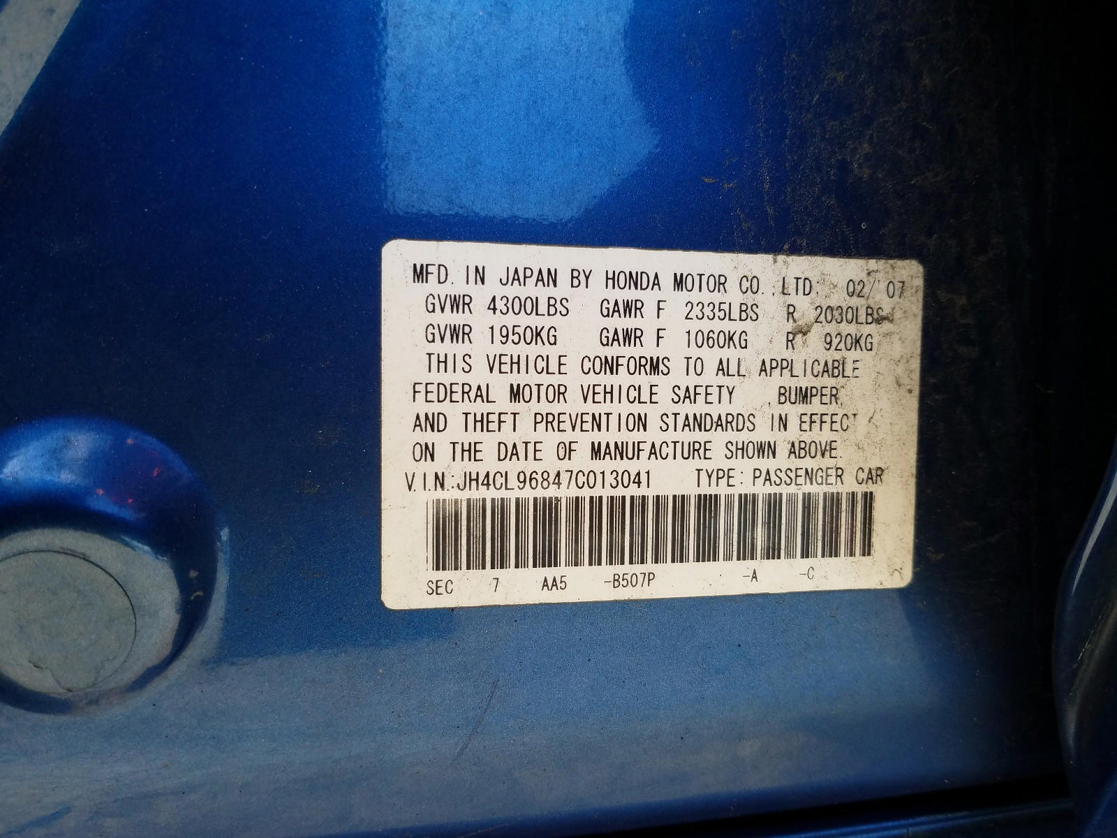 Photo 10 from auction – 2007 ACURA TSX with VIN JH4CL96847C013041