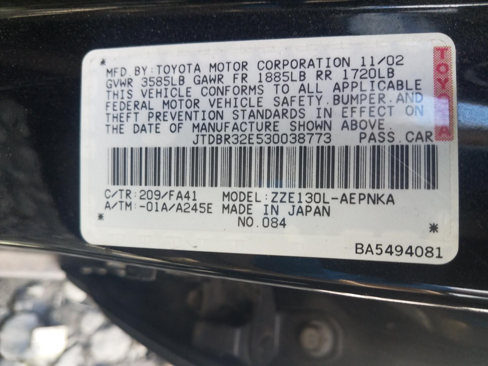 Photo 10 from auction – 2003 TOYOTA COROLLA CE with VIN JTDBR32E530038773