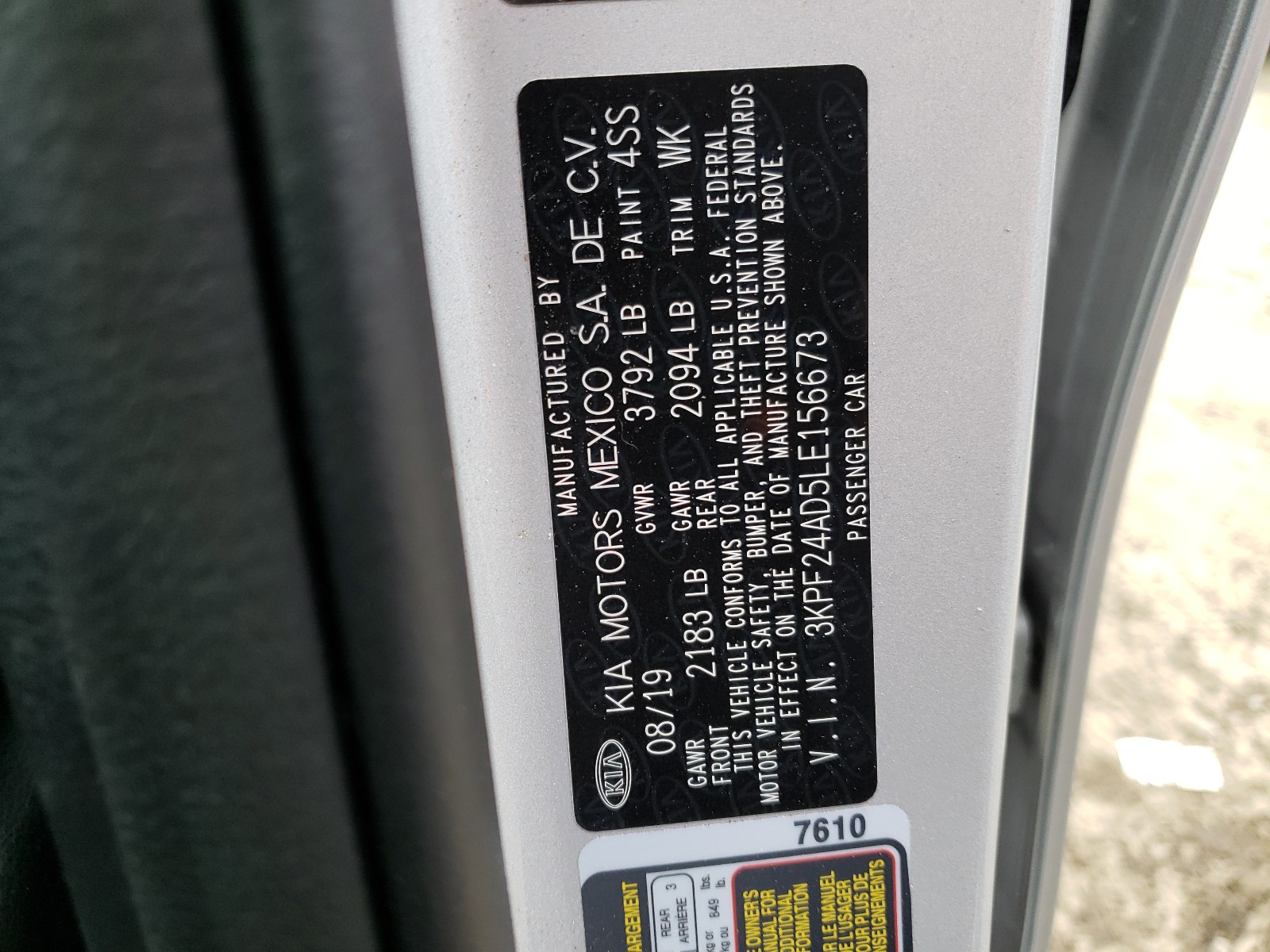 Photo 10 from auction – 2020 KIA FORTE FE with VIN 3KPF24AD5LE156673