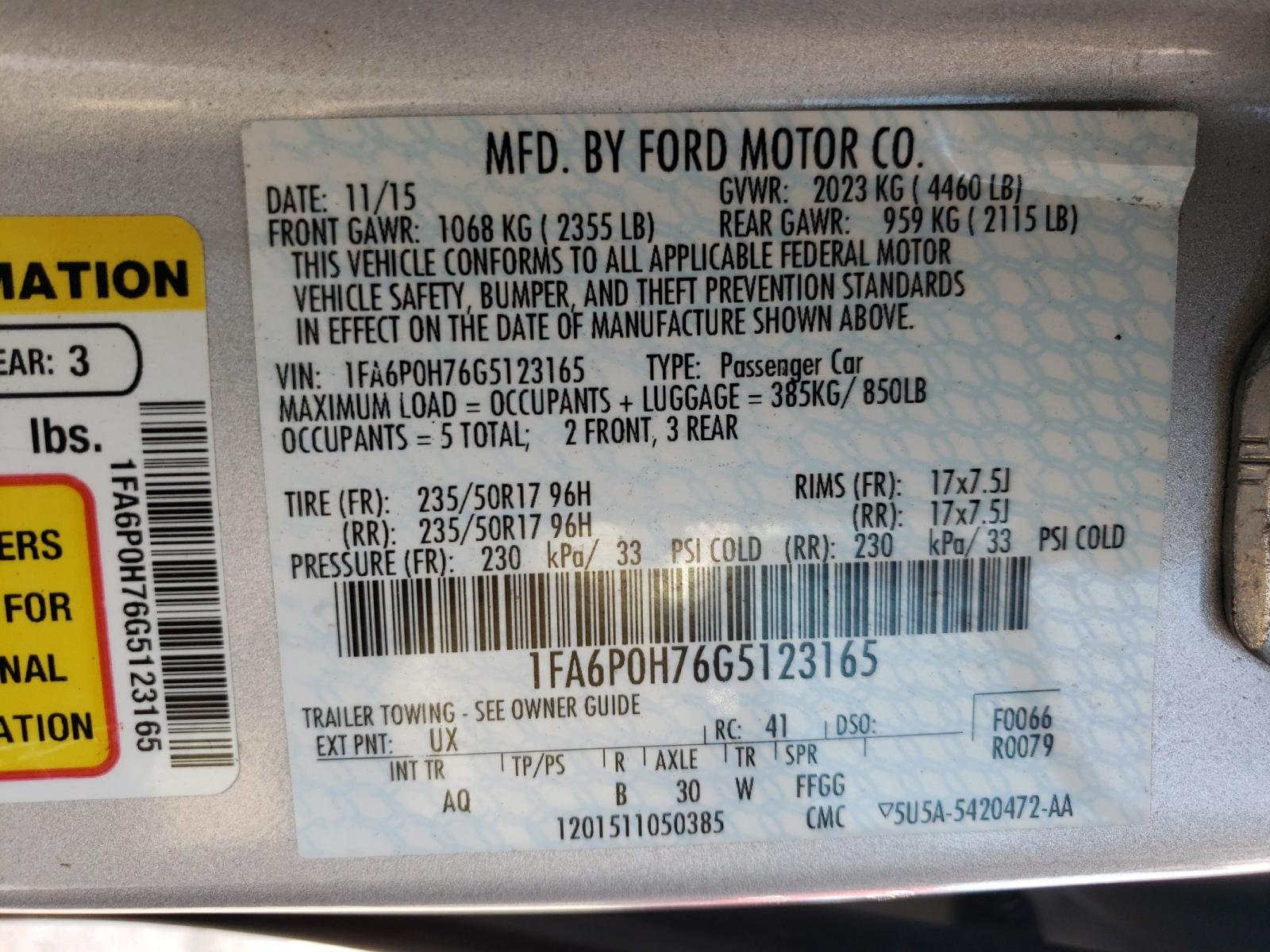 Photo 10 from auction – 2016 FORD FUSION SE with VIN 1FA6P0H76G5123165