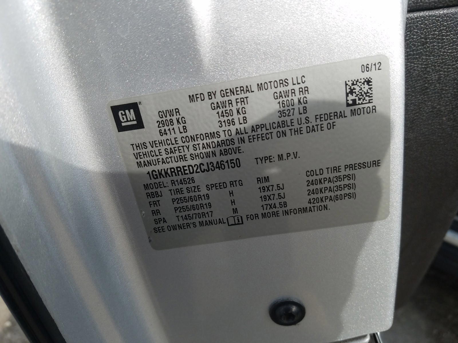 Photo 10 from auction – 2012 GMC ACADIA SLT with VIN 1GKKRRED2CJ346150