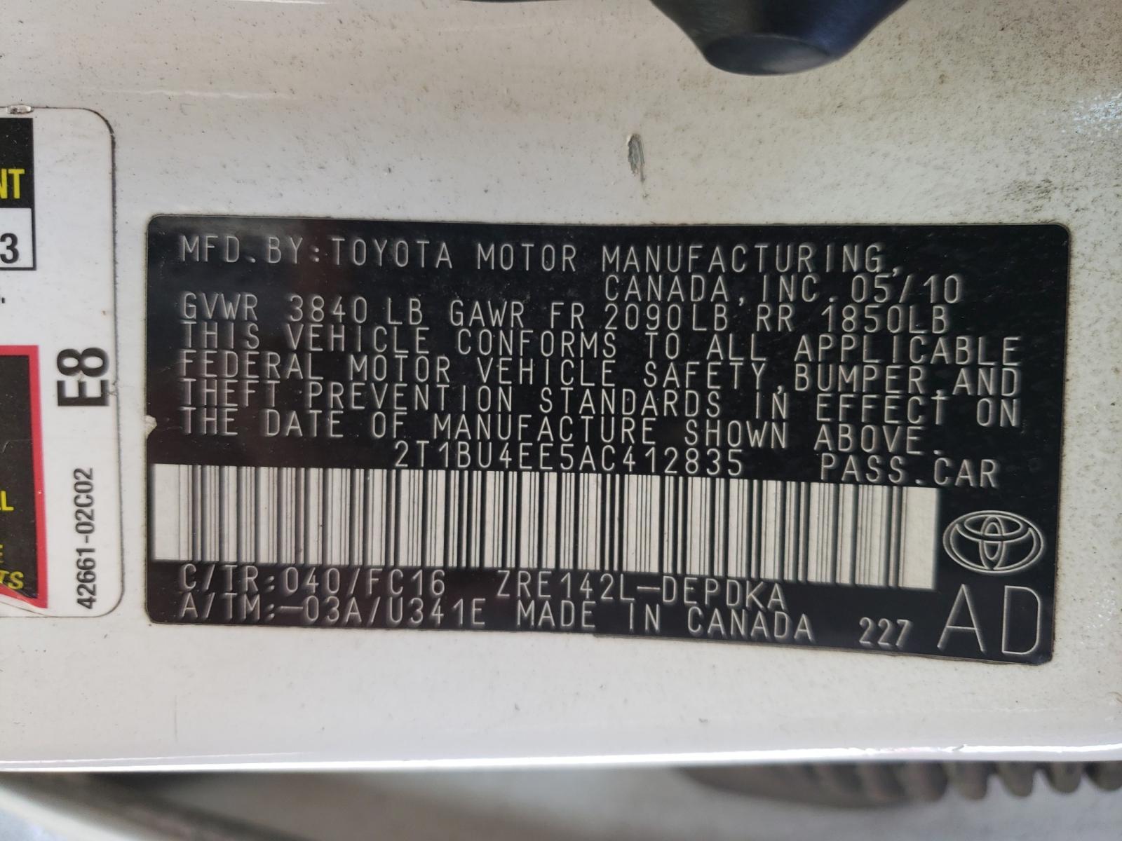 Photo 10 from auction – 2010 TOYOTA COROLLA BA with VIN 2T1BU4EE5AC412835