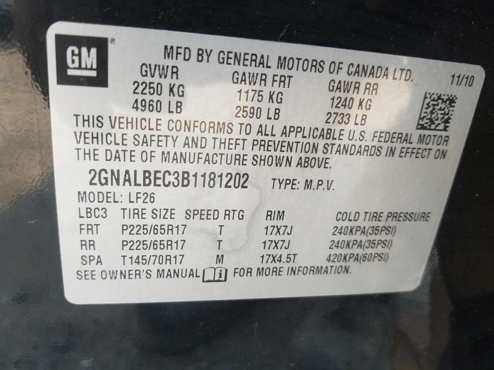 Photo 10 from auction – 2011 CHEVROLET EQUINOX LS with VIN 2GNALBEC3B1181202