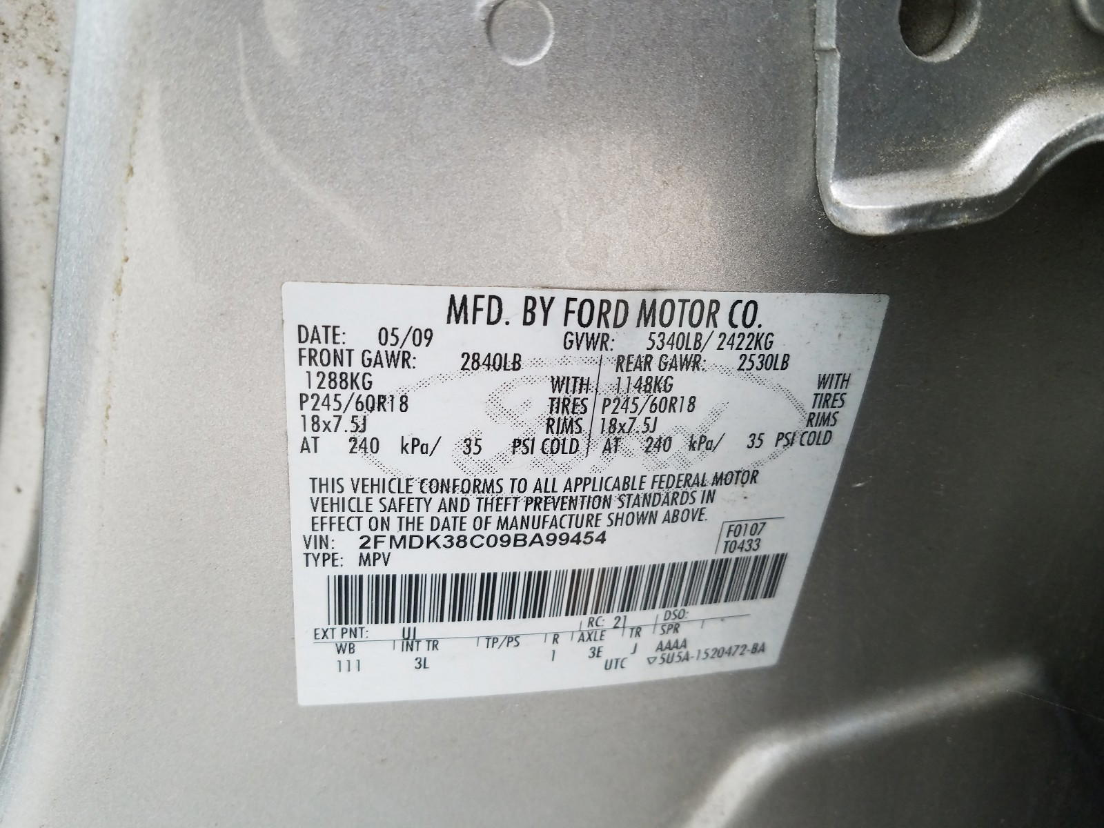 Photo 10 from auction – 2009 FORD EDGE SEL with VIN 2FMDK38C09BA99454