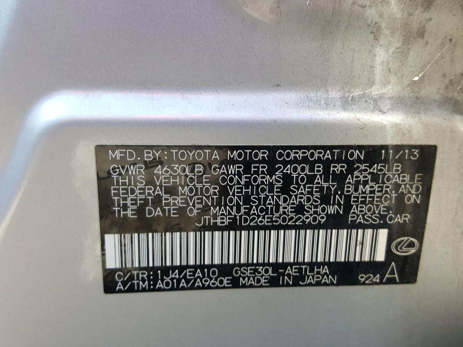 Photo 10 from auction – 2014 LEXUS IS 250 with VIN JTHBF1D26E5022909