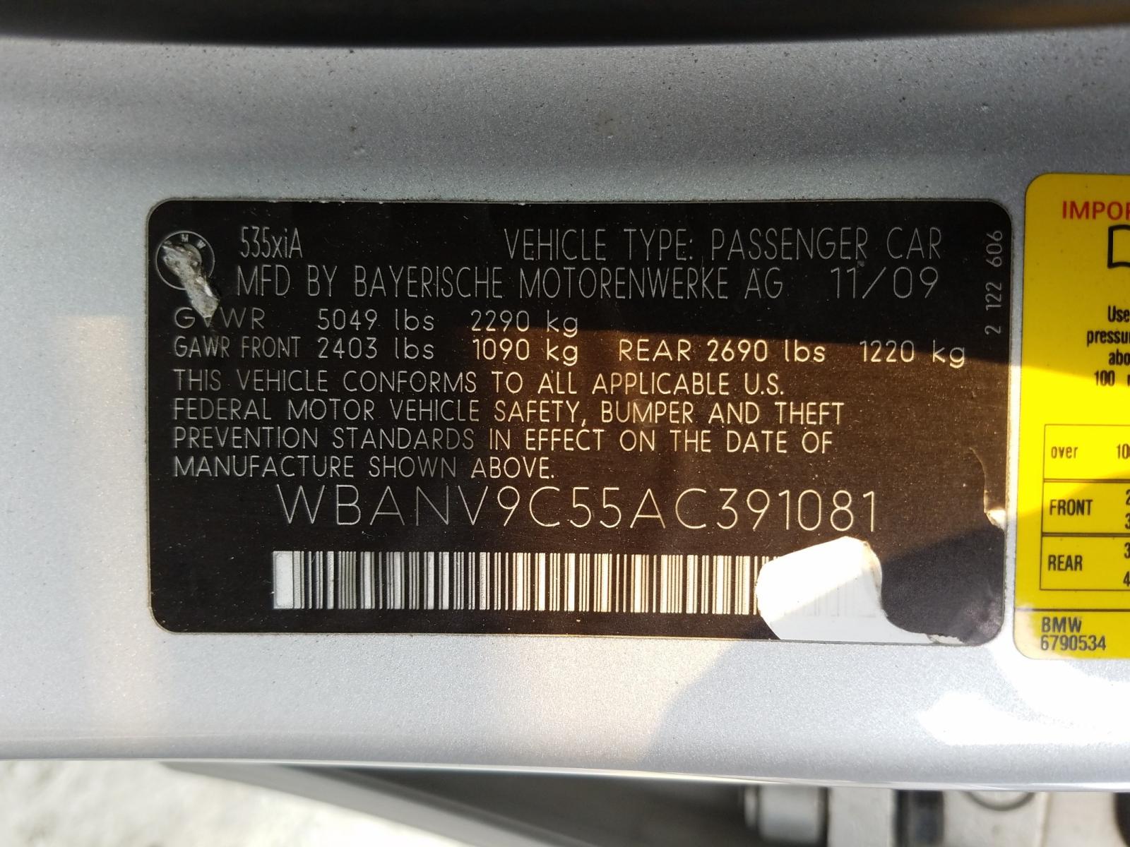 Photo 10 from auction – 2010 BMW 535 XI with VIN WBANV9C55AC391081