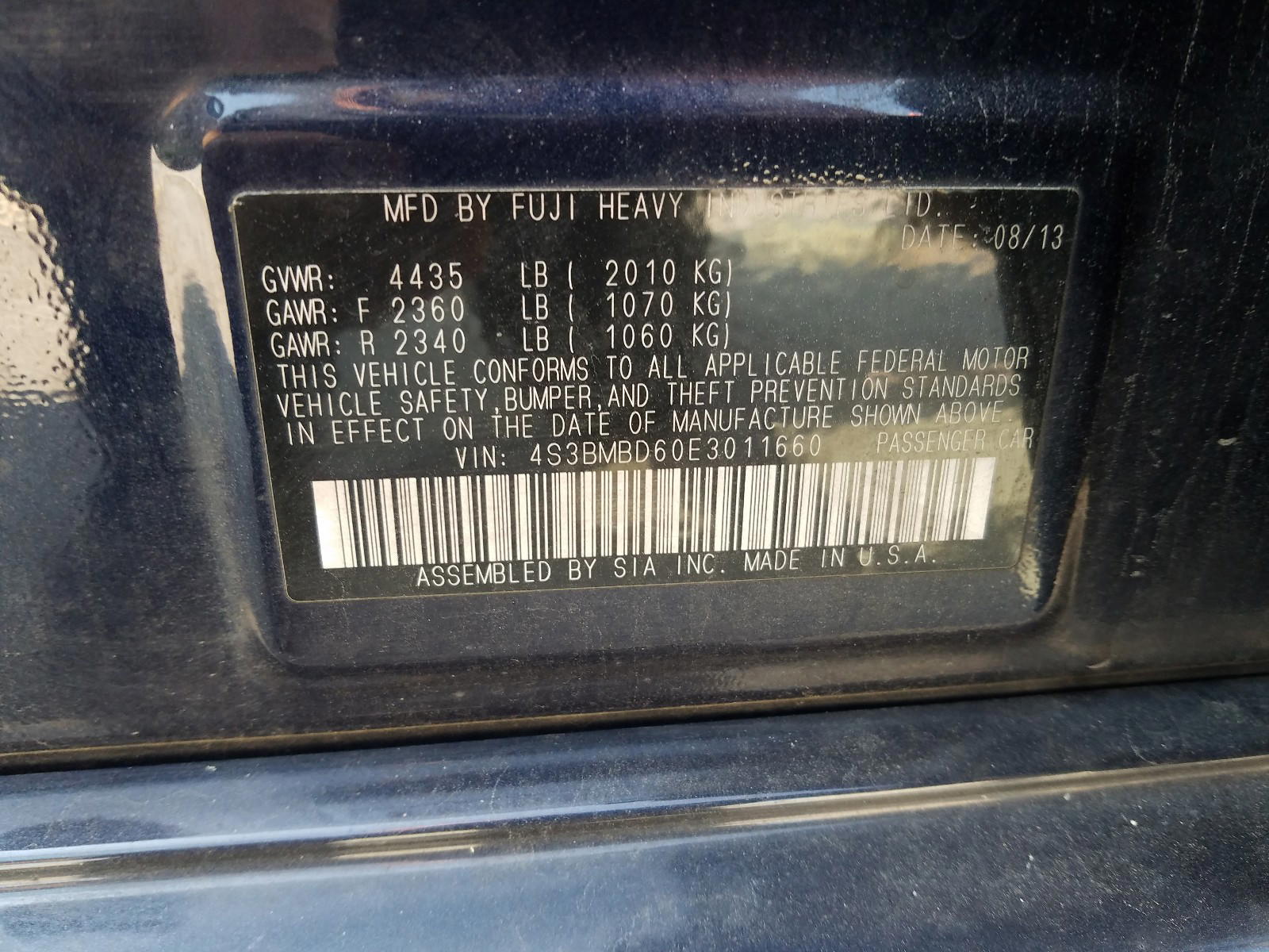 Photo 10 from auction – 2014 SUBARU LEGACY 2.5 with VIN 4S3BMBD60E3011660