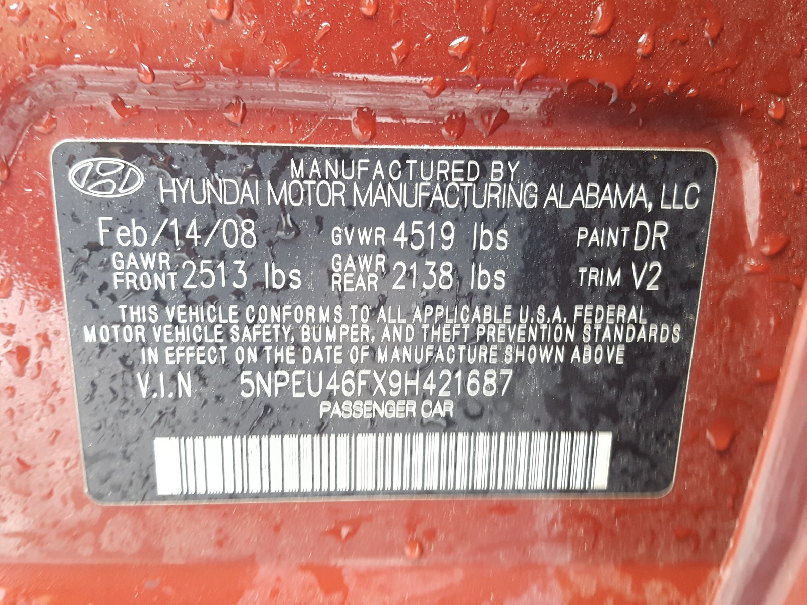 Photo 10 from auction – 2009 HYUNDAI SONATA SE with VIN 5NPEU46FX9H421687
