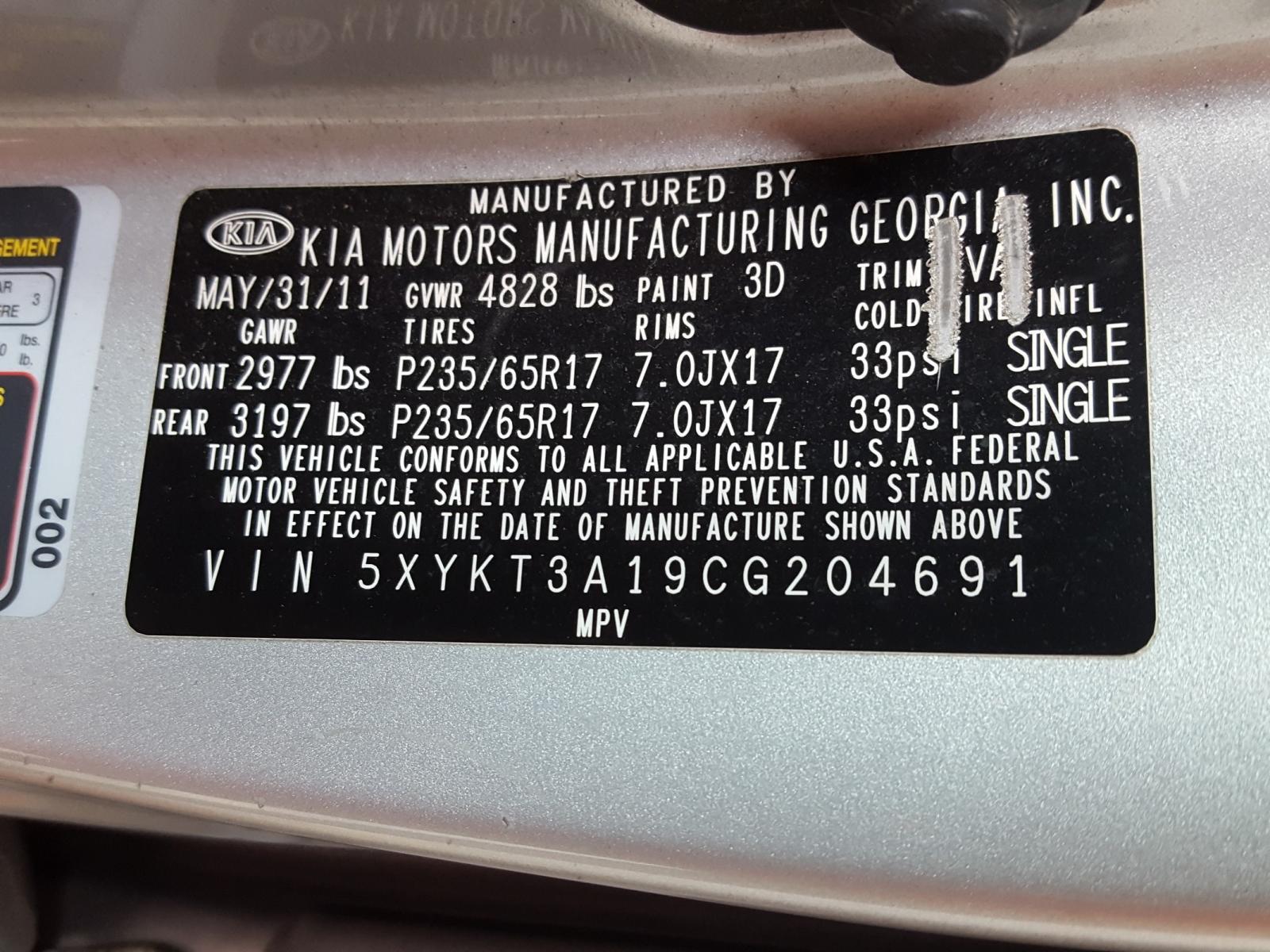 Photo 10 from auction – 2012 KIA SORENTO BA with VIN 5XYKT3A19CG204691
