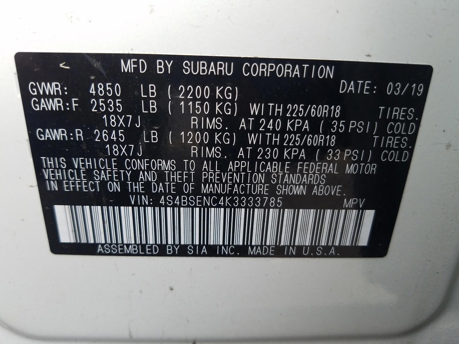 Photo 10 from auction – 2019 SUBARU OUTBACK 3. with VIN 4S4BSENC4K3333785