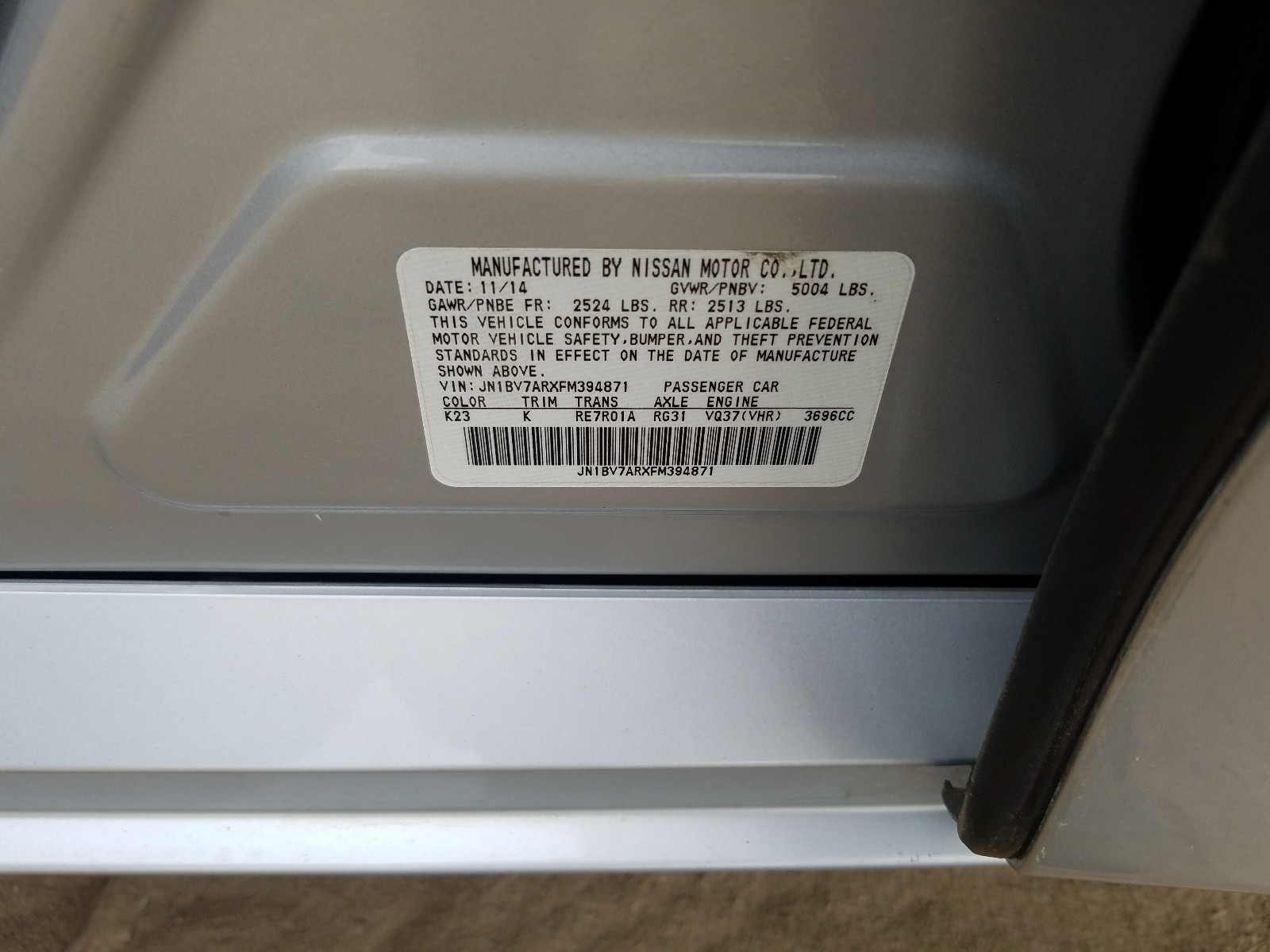 Photo 10 from auction – 2015 INFINITI Q50 BASE with VIN JN1BV7ARXFM394871