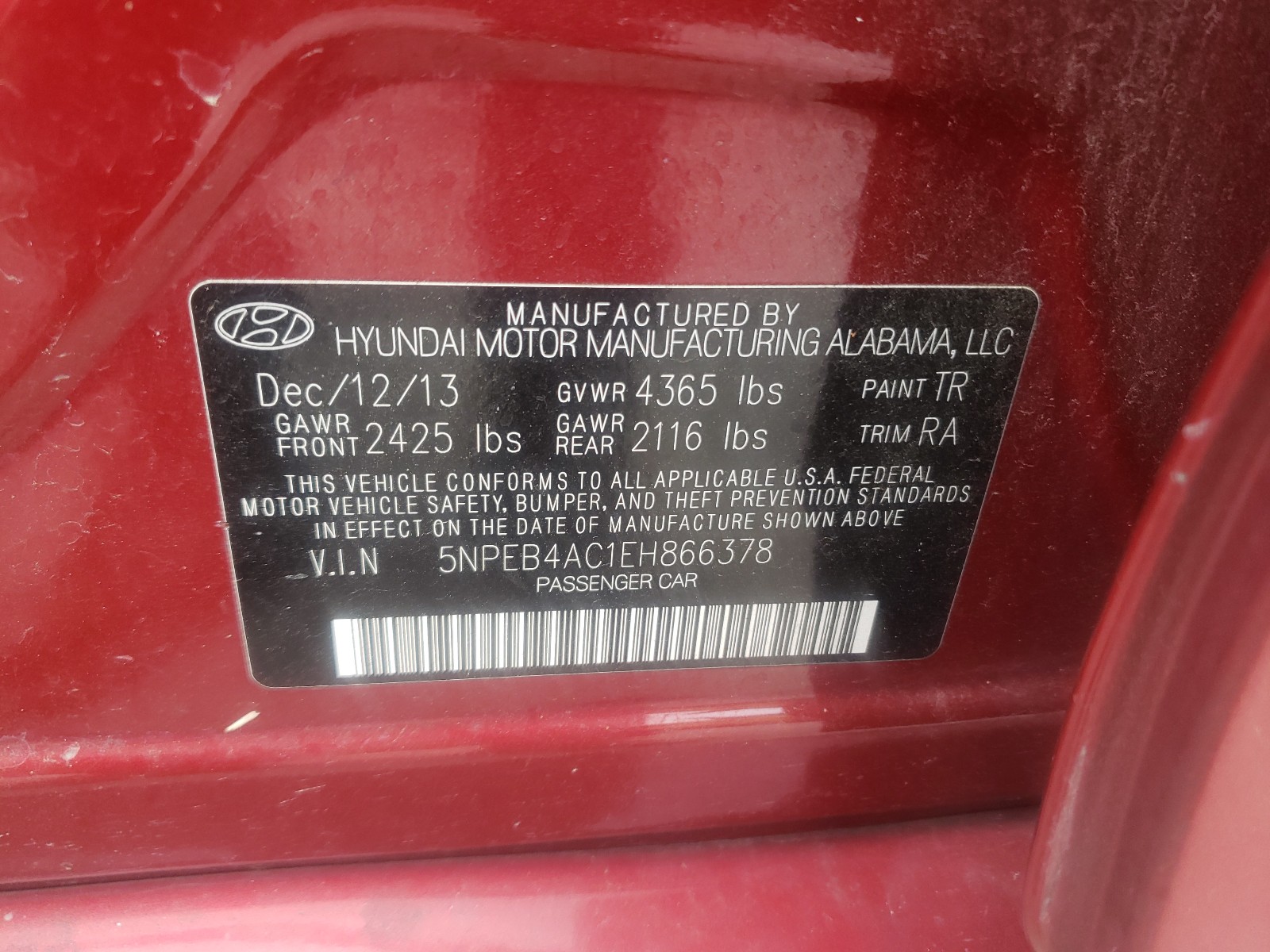 Photo 10 from auction – 2014 HYUNDAI SONATA GLS with VIN 5NPEB4AC1EH866378