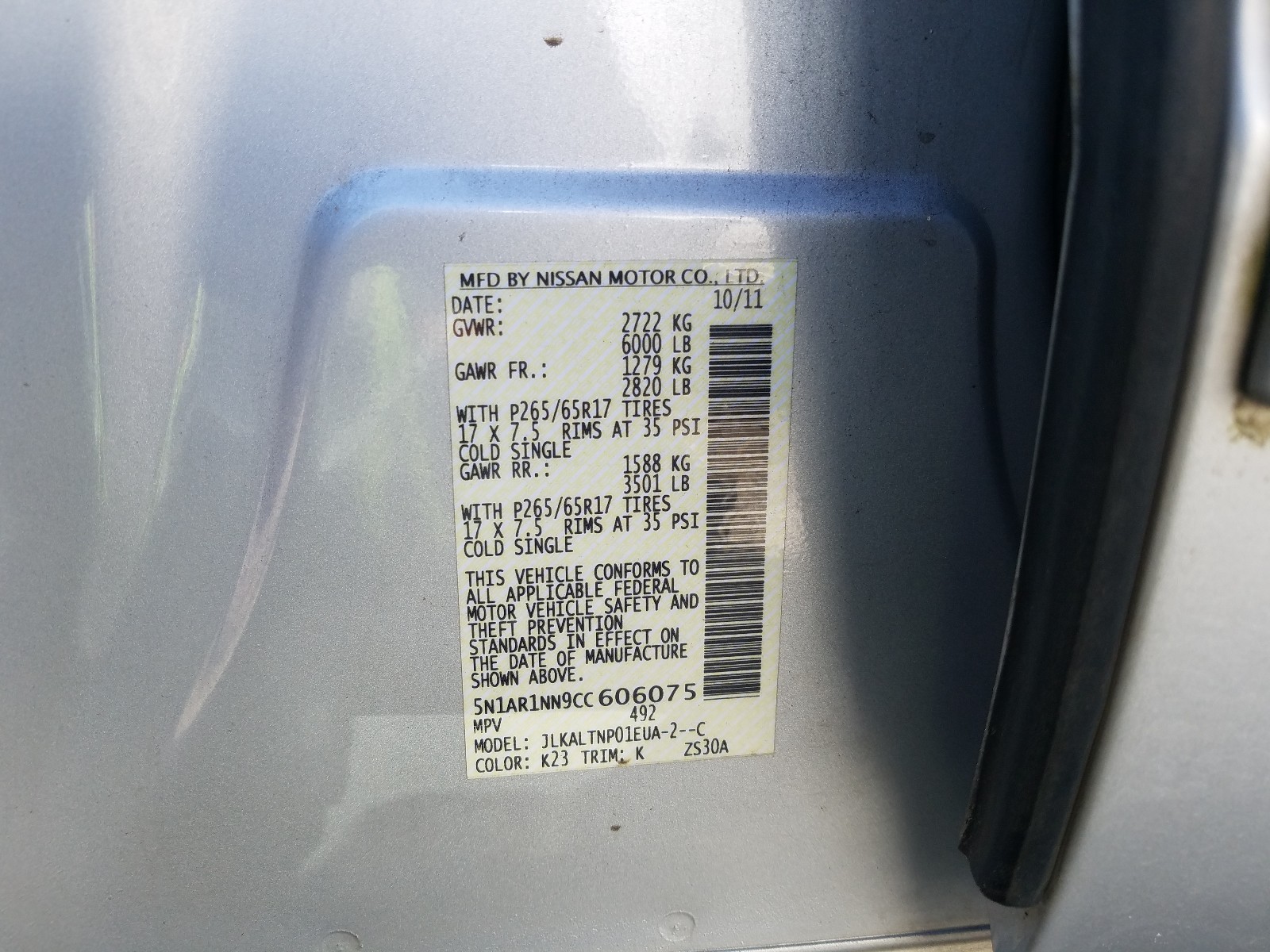 Photo 10 from auction – 2012 NISSAN PATHFINDER with VIN 5N1AR1NN9CC606075