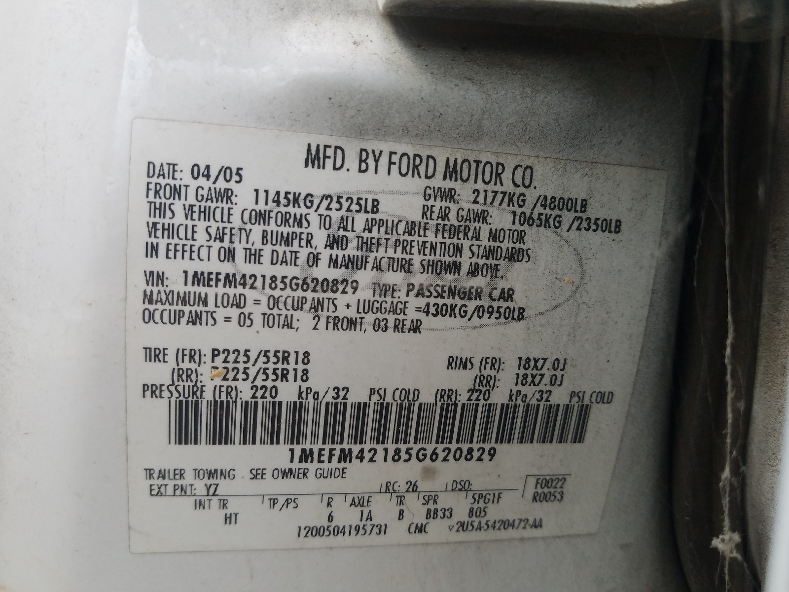 Photo 10 from auction – 2005 MERCURY MONTEGO PR with VIN 1MEFM42185G620829