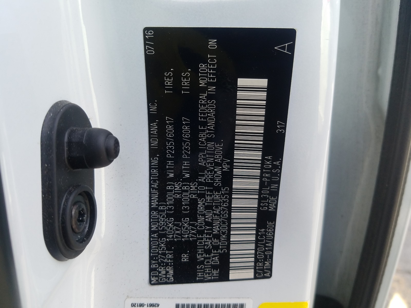 Photo 10 from auction – 2016 TOYOTA SIENNA XLE with VIN 5TDYK3DC7GS763515