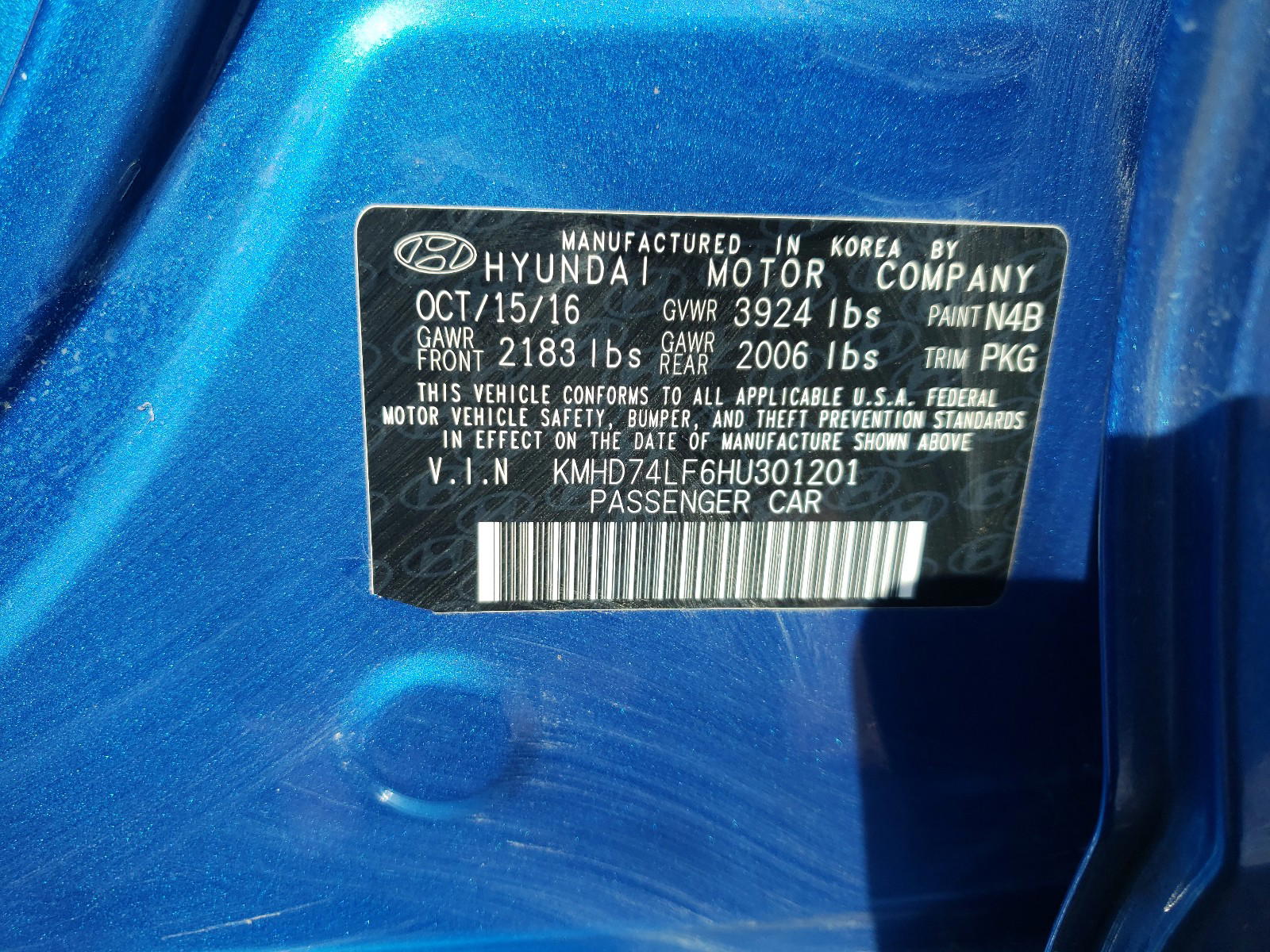 Photo 10 from auction – 2017 HYUNDAI ELANTRA SE with VIN KMHD74LF6HU301201
