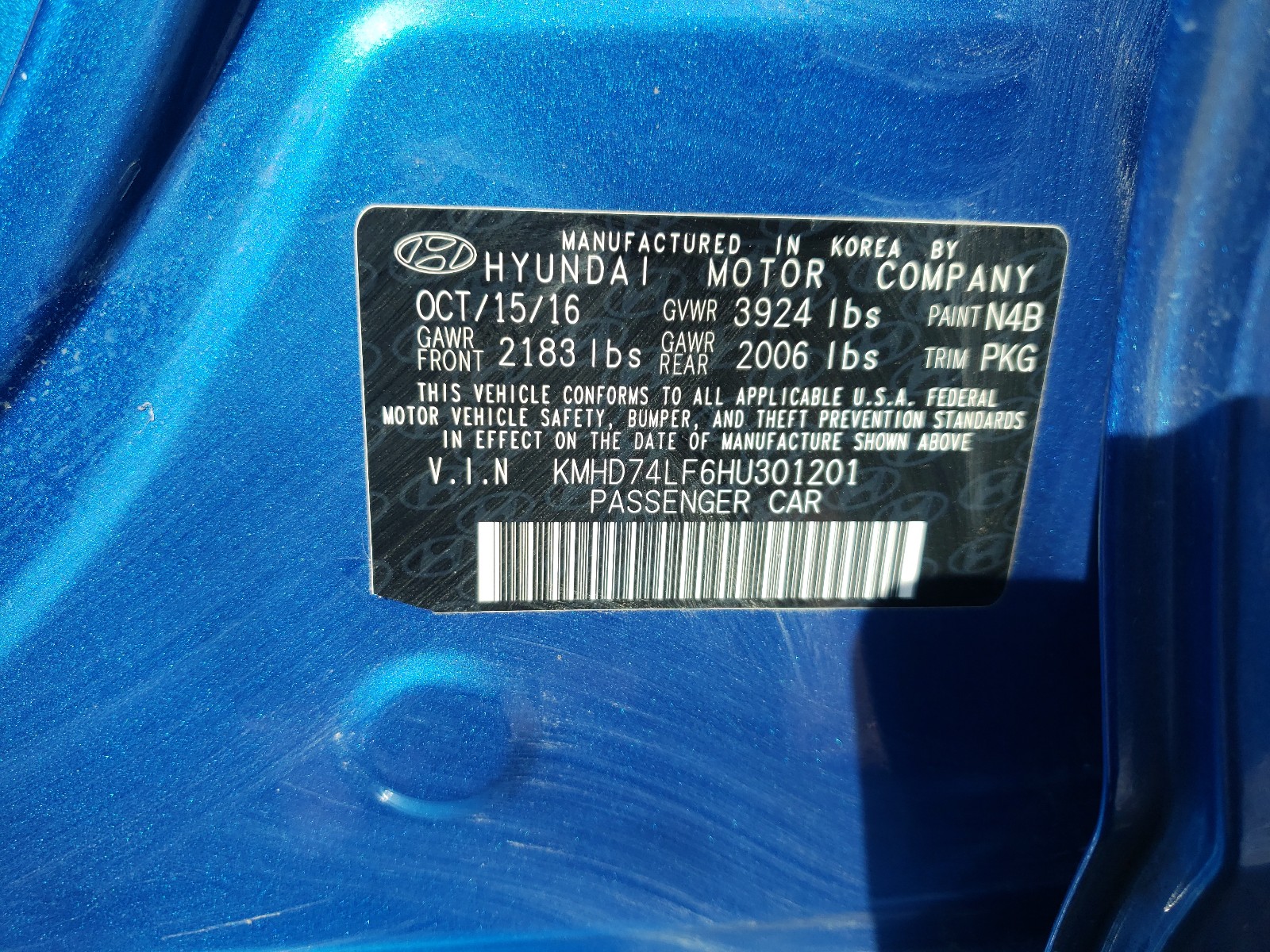 Zdjęcie 10 z aukcji – 2017 HYUNDAI ELANTRA SE z VIN KMHD74LF6HU301201