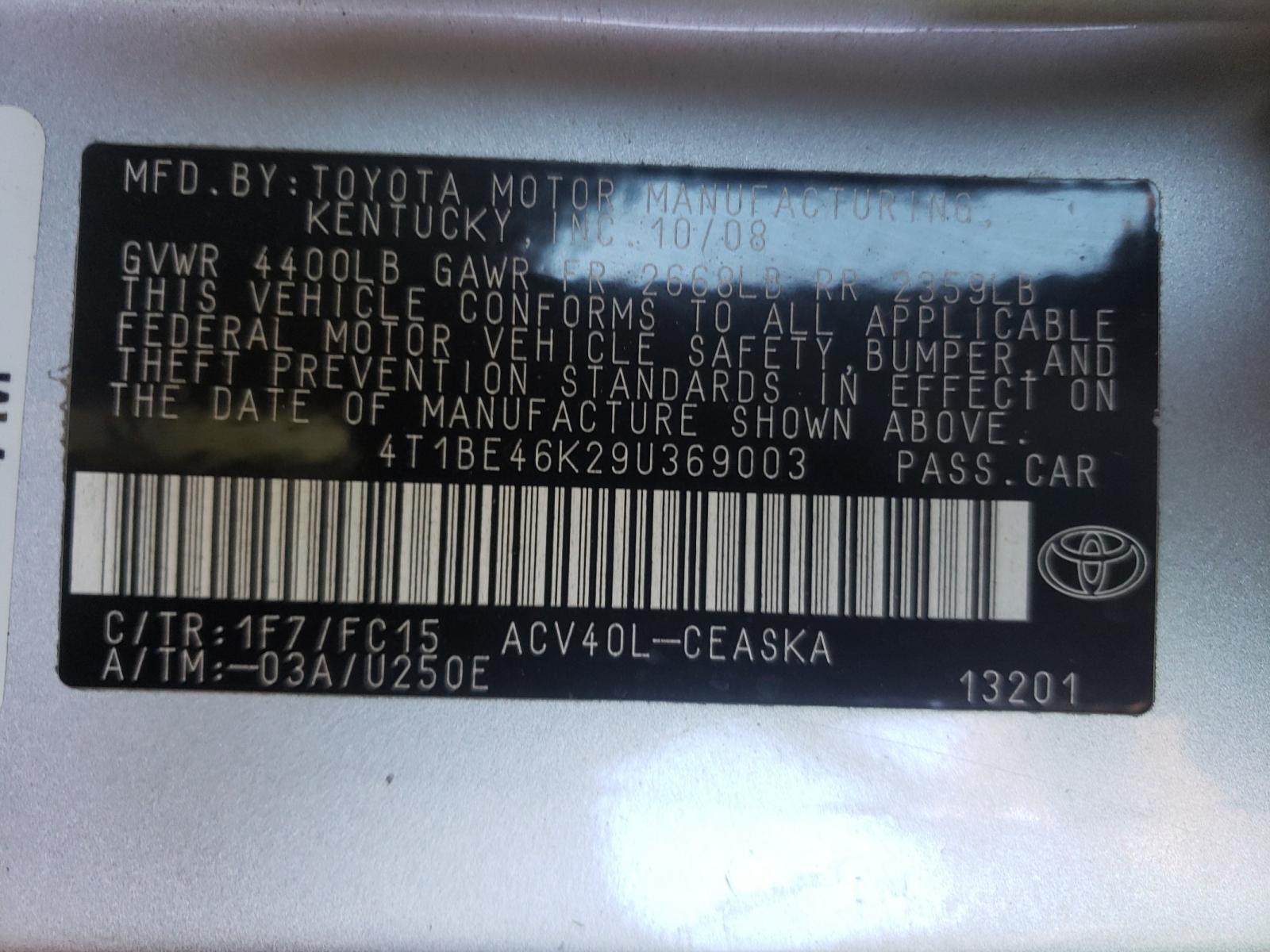 Photo 10 from auction – 2009 TOYOTA CAMRY BASE with VIN 4T1BE46K29U369003
