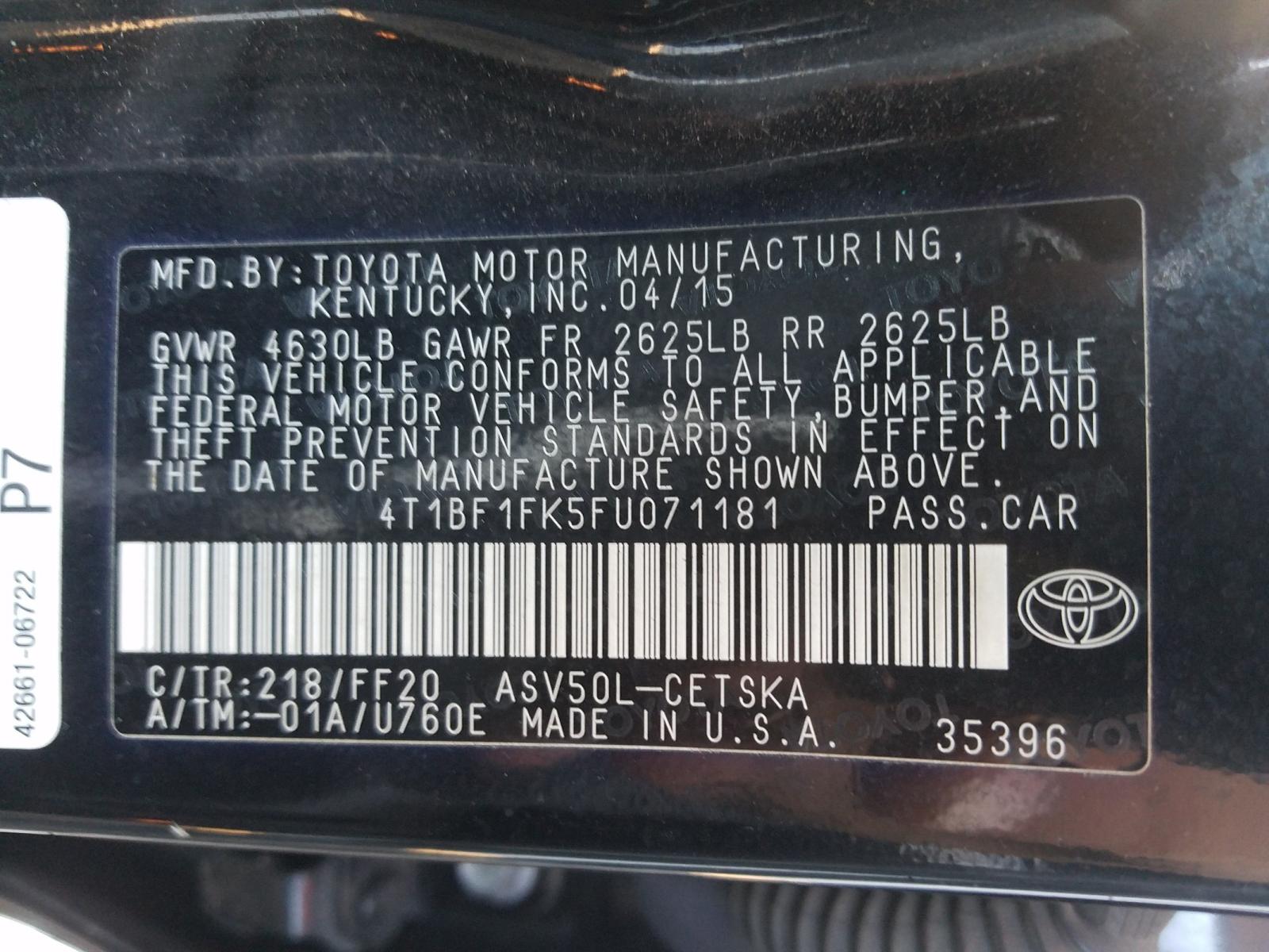 Photo 10 from auction – 2015 TOYOTA CAMRY LE with VIN 4T1BF1FK5FU071181
