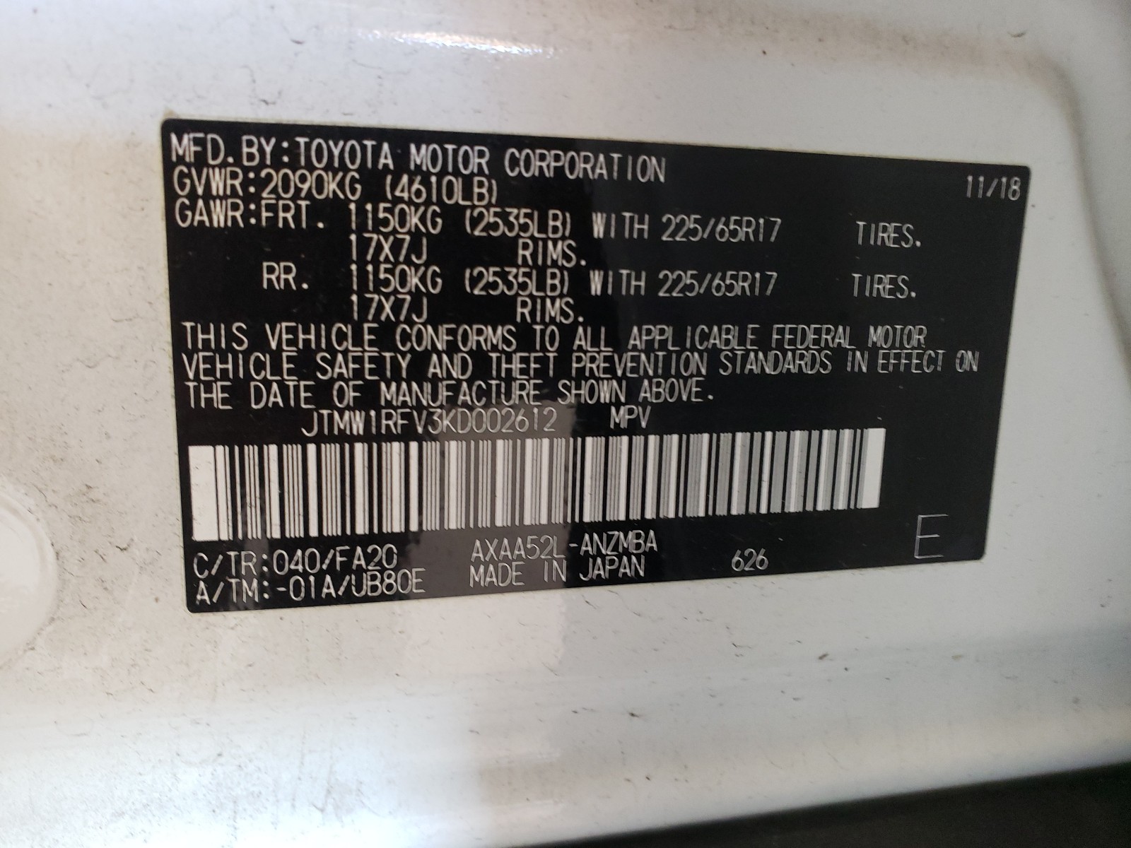 Photo 10 from auction – 2019 TOYOTA RAV4 XLE with VIN JTMW1RFV3KD002612