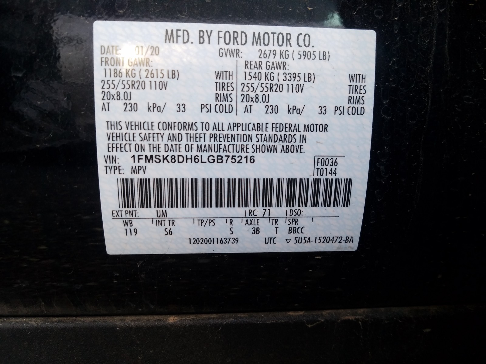 Photo 10 from auction – 2020 FORD EXPLORER X with VIN 1FMSK8DH6LGB75216