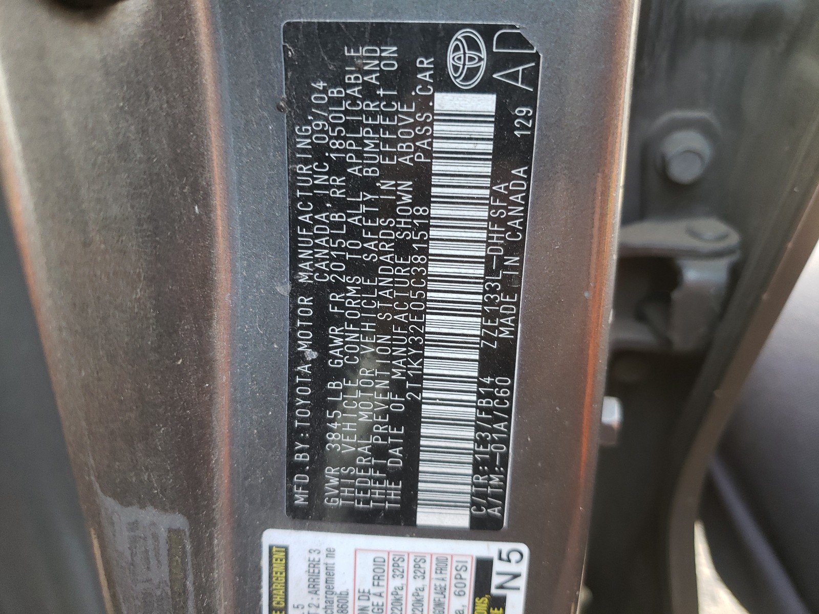 Photo 10 from auction – 2005 TOYOTA COROLLA MA with VIN 2T1KY32E05C381518