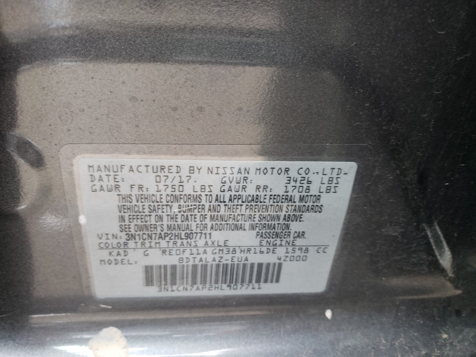 Photo 10 from auction – 2017 NISSAN VERSA S with VIN 3N1CN7AP2HL907711
