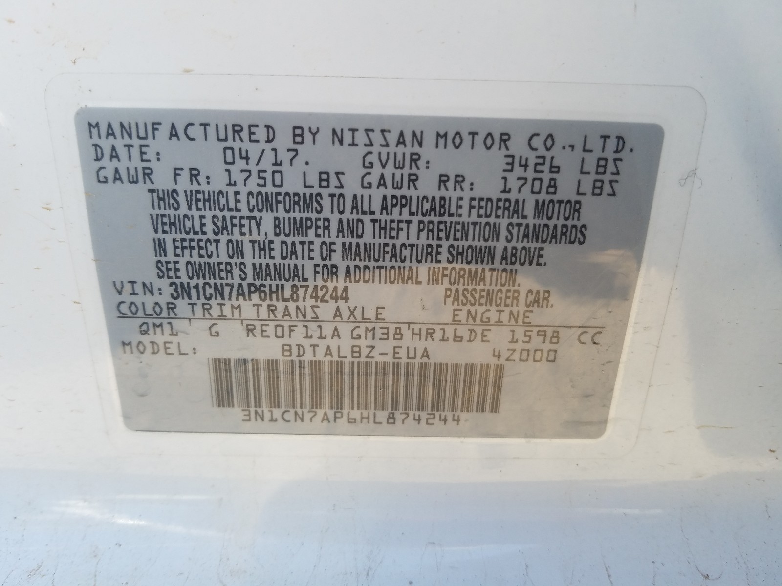Photo 10 from auction – 2017 NISSAN VERSA S with VIN 3N1CN7AP6HL874244