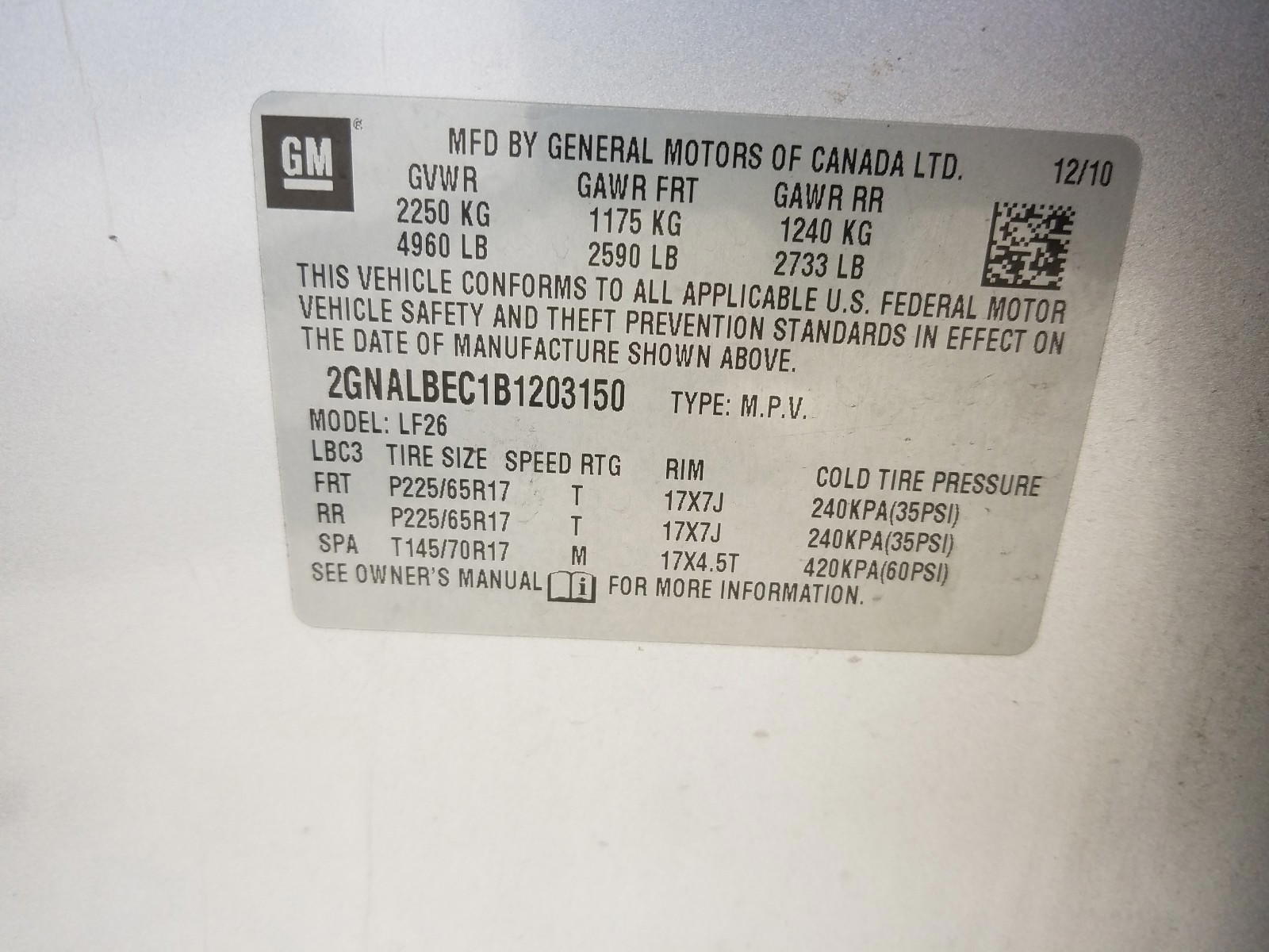 Photo 10 from auction – 2011 CHEVROLET EQUINOX LS with VIN 2GNALBEC1B1203150