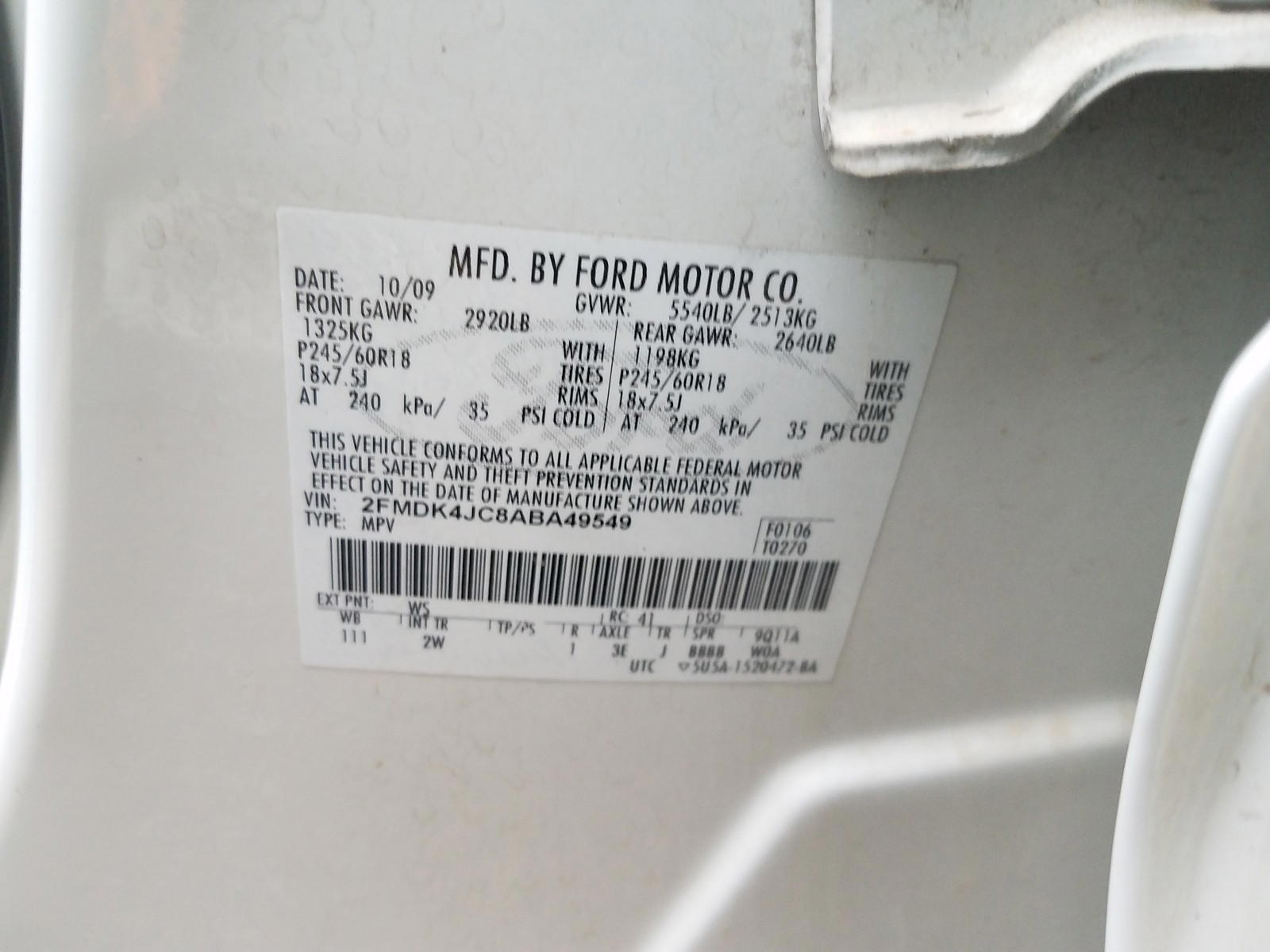Photo 10 from auction – 2010 FORD EDGE SEL with VIN 2FMDK4JC8ABA49549