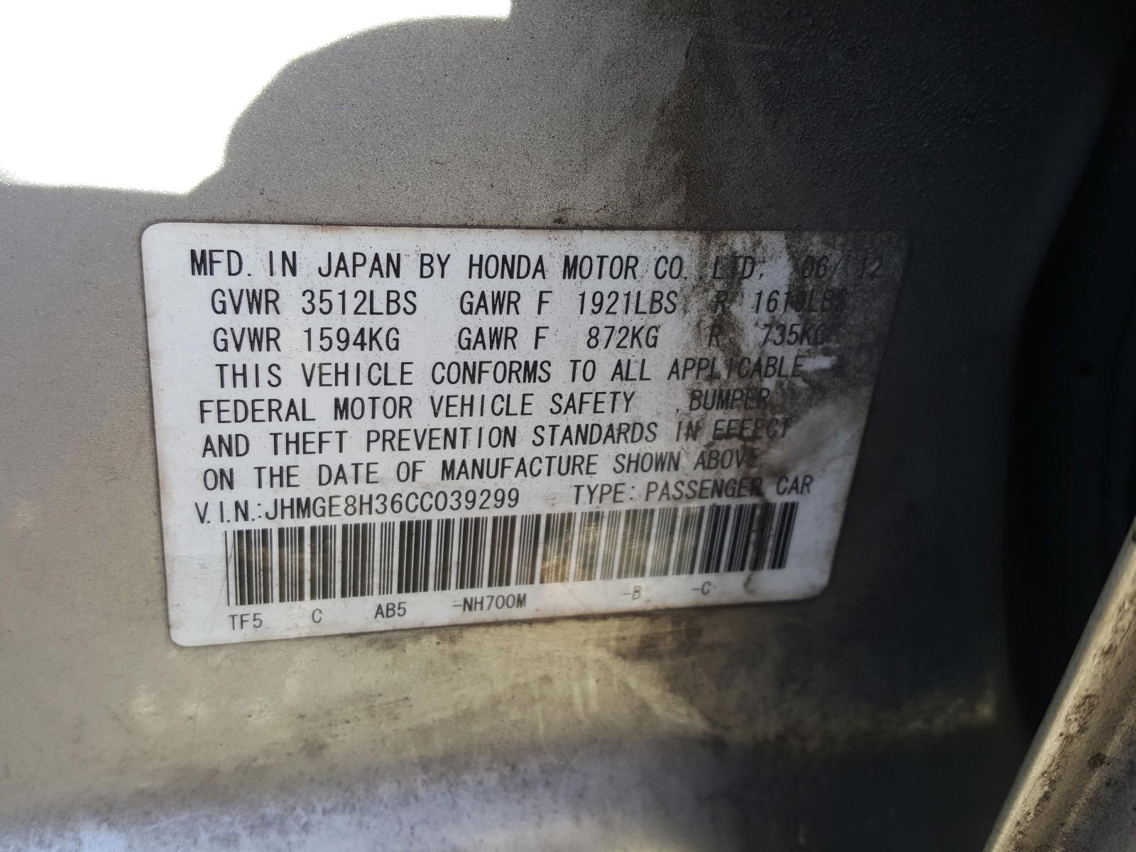 Photo 10 from auction – 2012 HONDA FIT with VIN JHMGE8H36CC039299