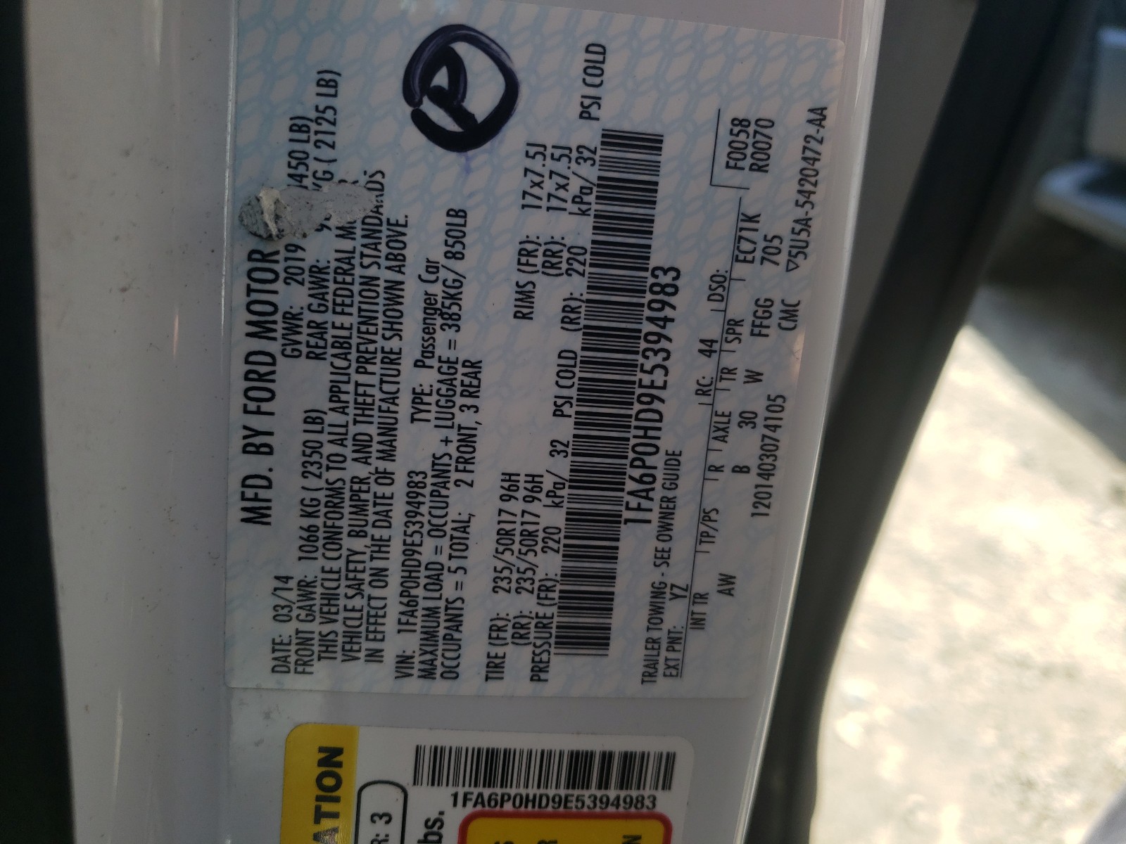 Photo 10 from auction – 2014 FORD FUSION SE with VIN 1FA6P0HD9E5394983
