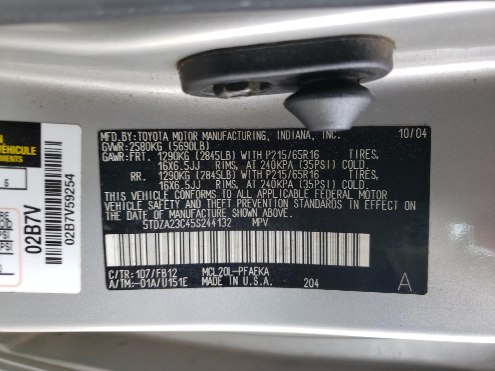 Photo 10 from auction – 2005 TOYOTA SIENNA CE with VIN 5TDZA23C45S244132