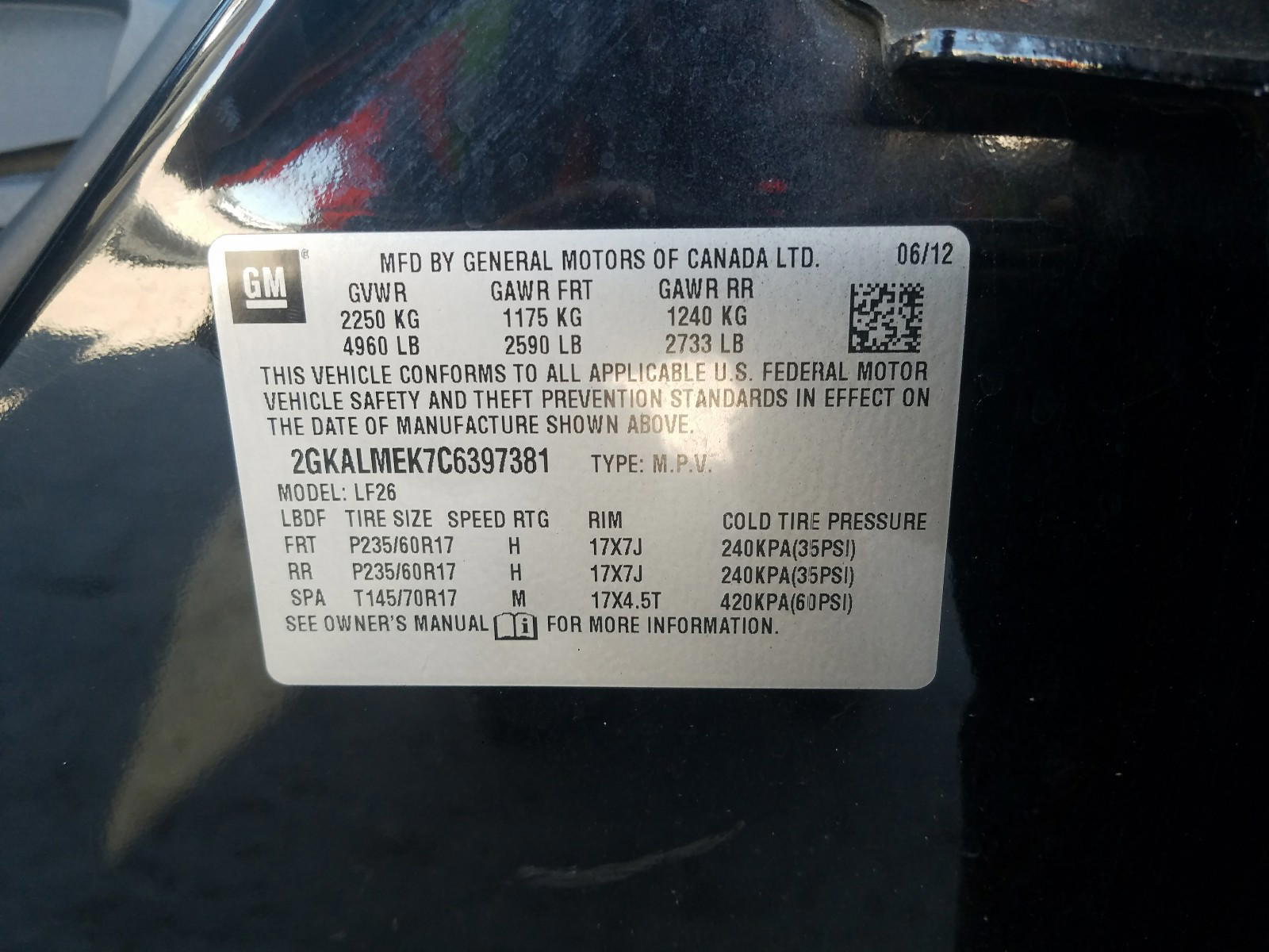 Photo 10 from auction – 2012 GMC TERRAIN SL with VIN 2GKALMEK7C6397381