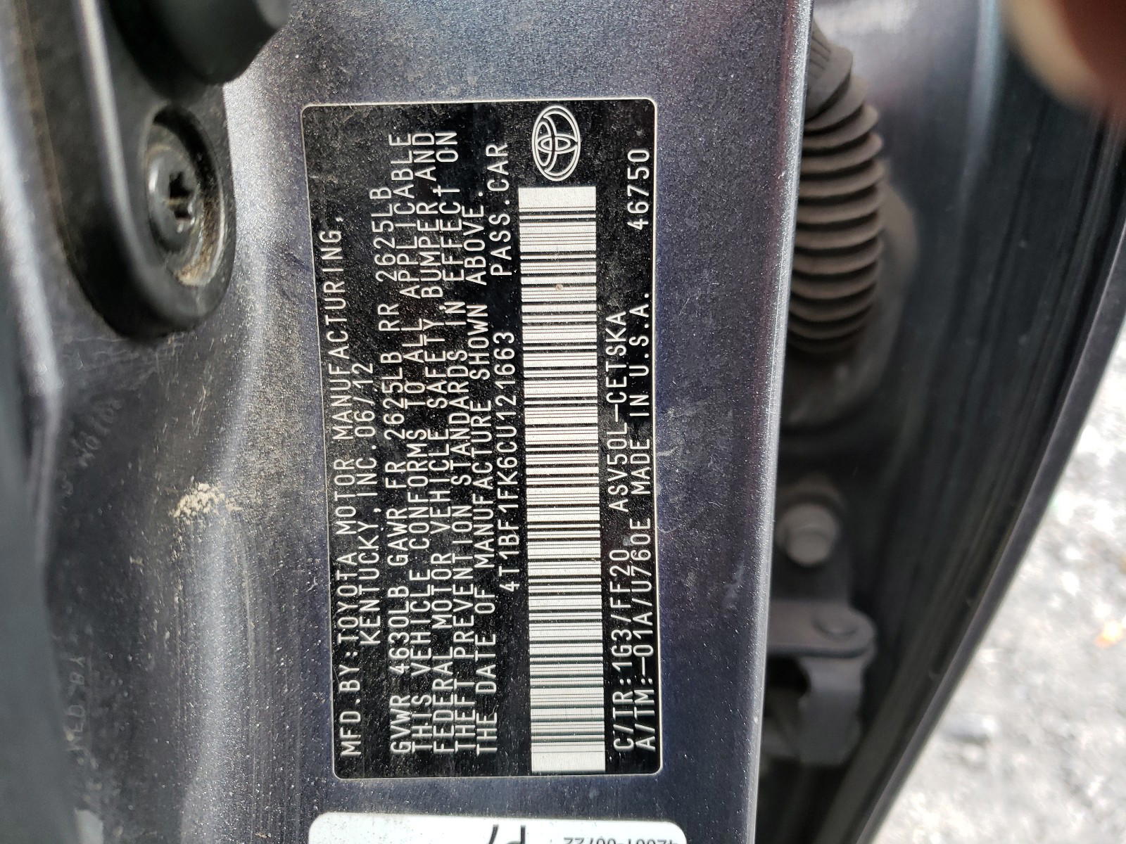 Photo 10 from auction – 2012 TOYOTA CAMRY BASE with VIN 4T1BF1FK6CU121663