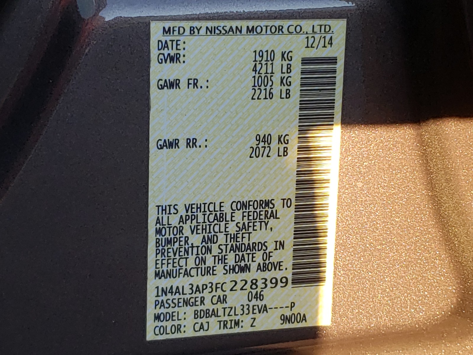 Photo 10 from auction – 2015 NISSAN ALTIMA 2.5 with VIN 1N4AL3AP3FC228399