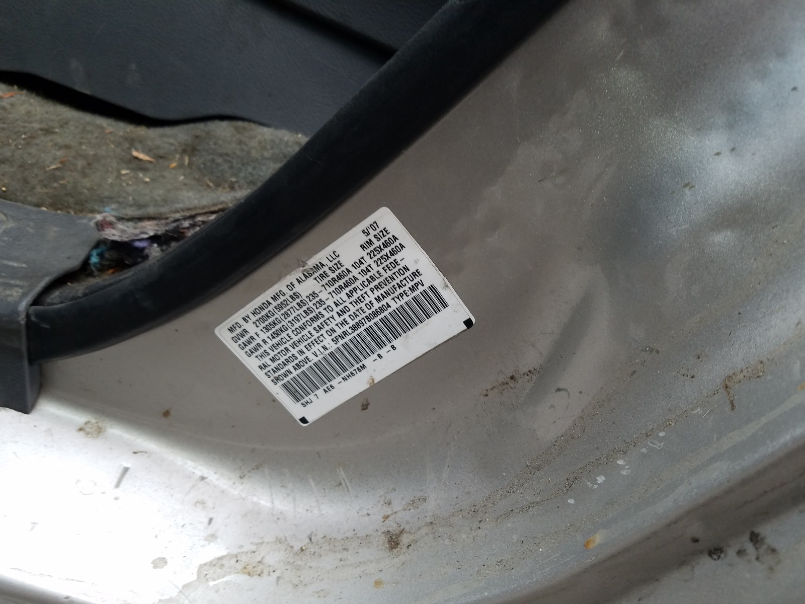 Photo 10 from auction – 2007 HONDA ODYSSEY TO with VIN 5FNRL38897B086804
