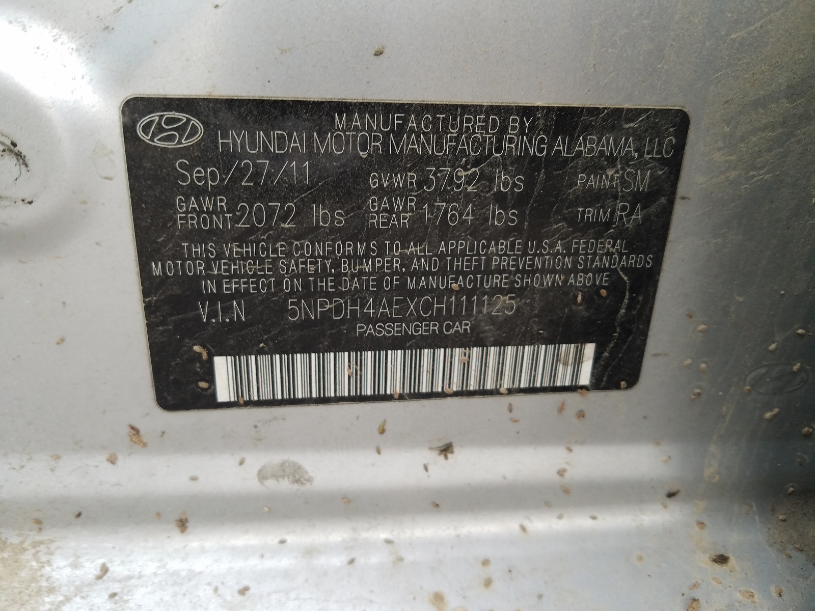 Photo 10 from auction – 2012 HYUNDAI ELANTRA GL with VIN 5NPDH4AEXCH111125