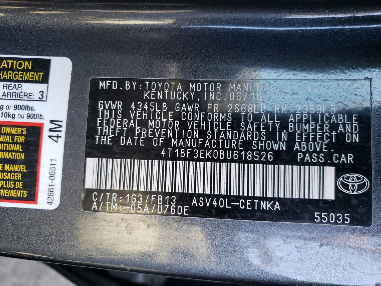 Photo 10 from auction – 2011 TOYOTA CAMRY BASE with VIN 4T1BF3EK0BU618526