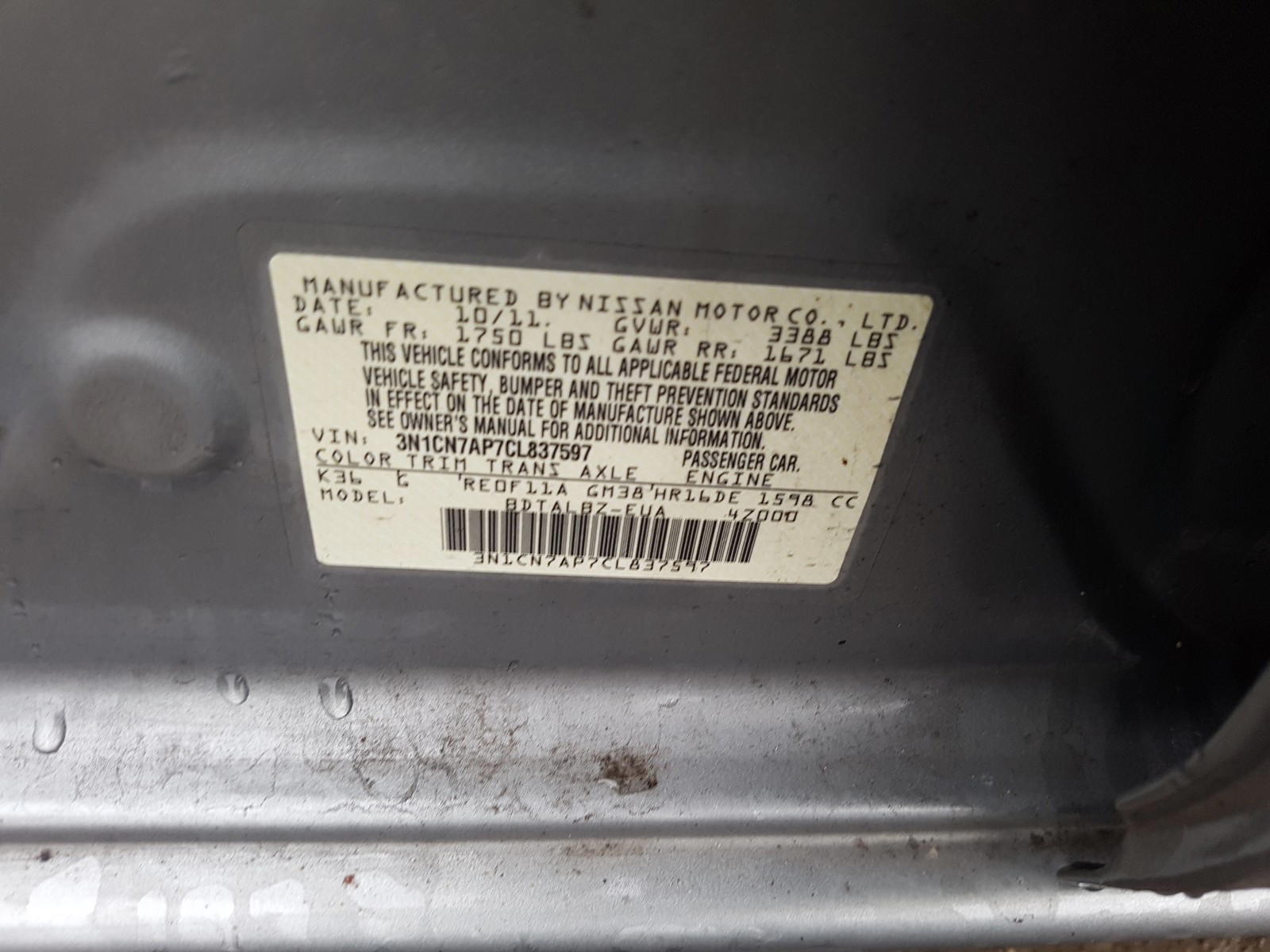 Photo 10 from auction – 2012 NISSAN VERSA S with VIN 3N1CN7AP7CL837597