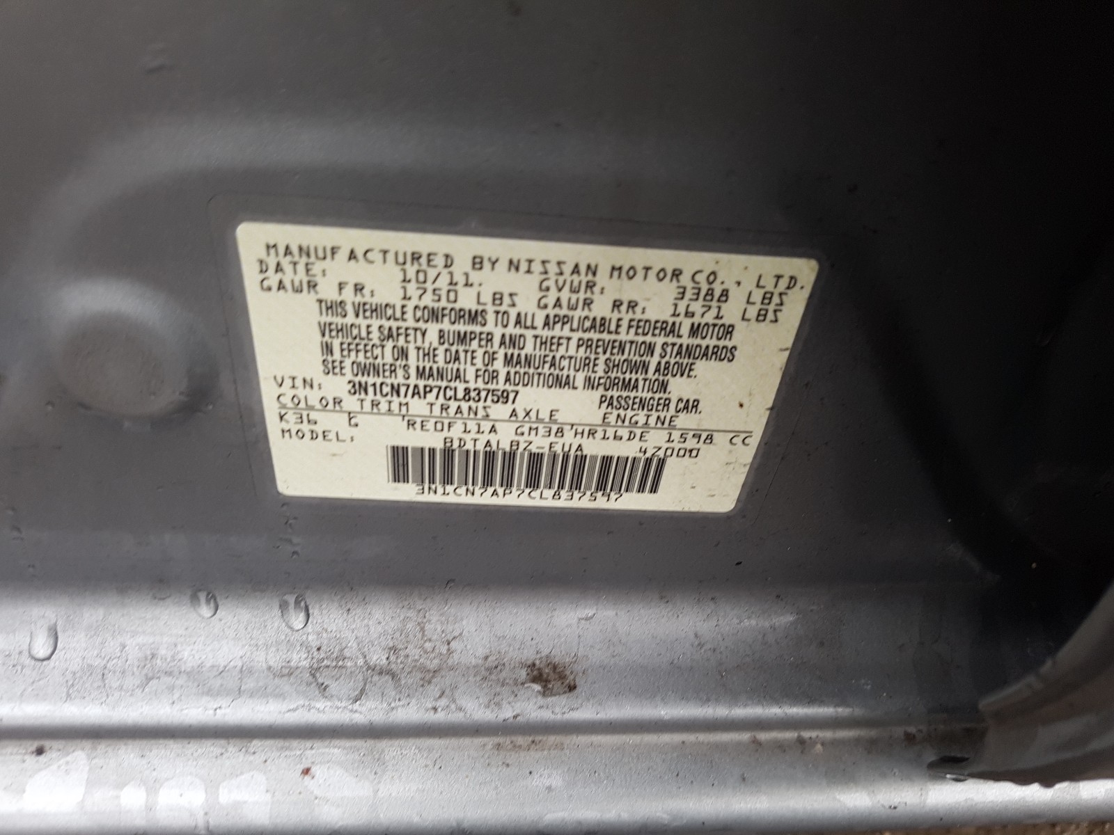 Zdjęcie 10 z aukcji – 2012 NISSAN VERSA S z VIN 3N1CN7AP7CL837597