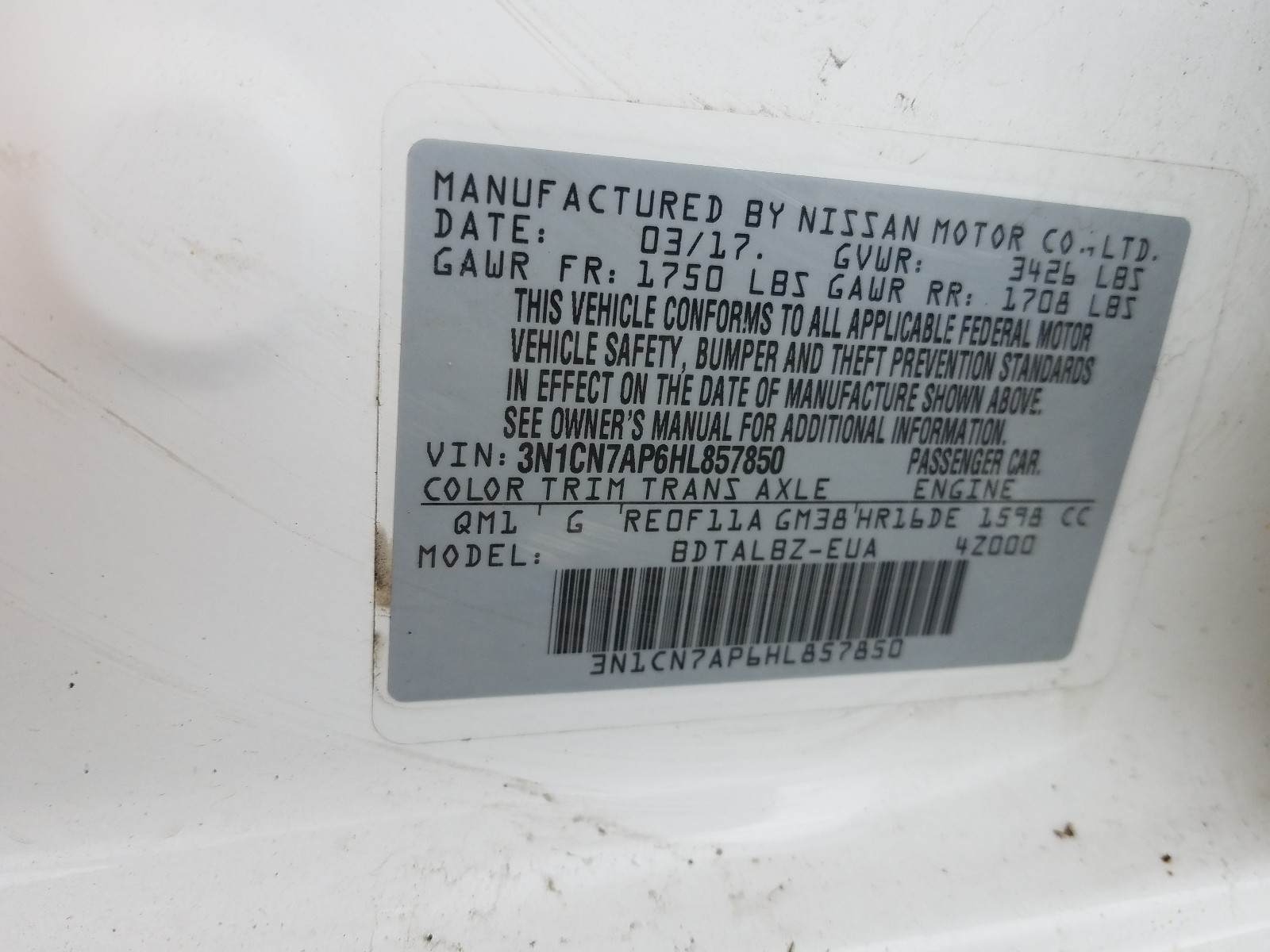 Photo 10 from auction – 2017 NISSAN VERSA S with VIN 3N1CN7AP6HL857850