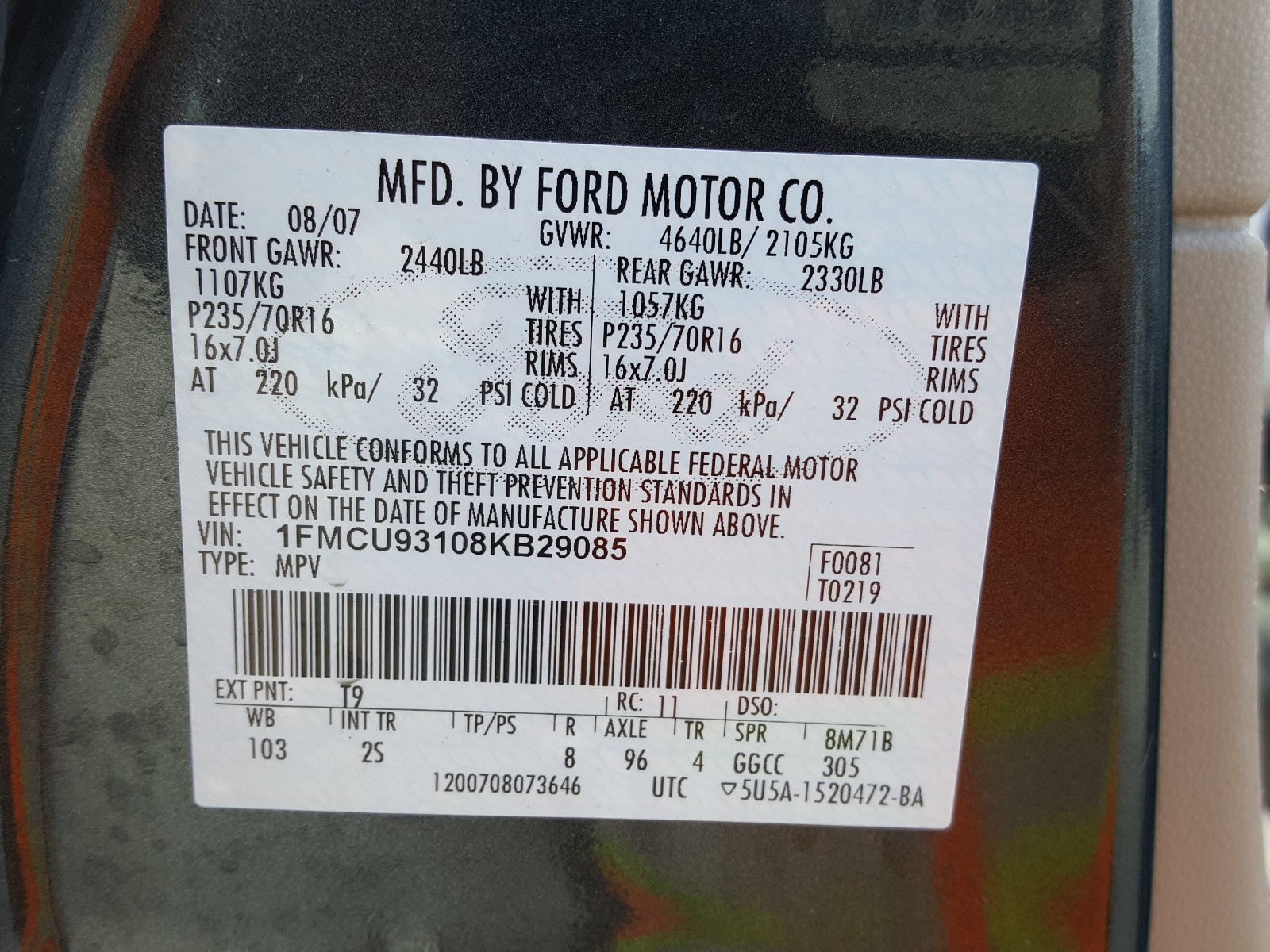 Photo 10 from auction – 2008 FORD ESCAPE XLT with VIN 1FMCU93108KB29085