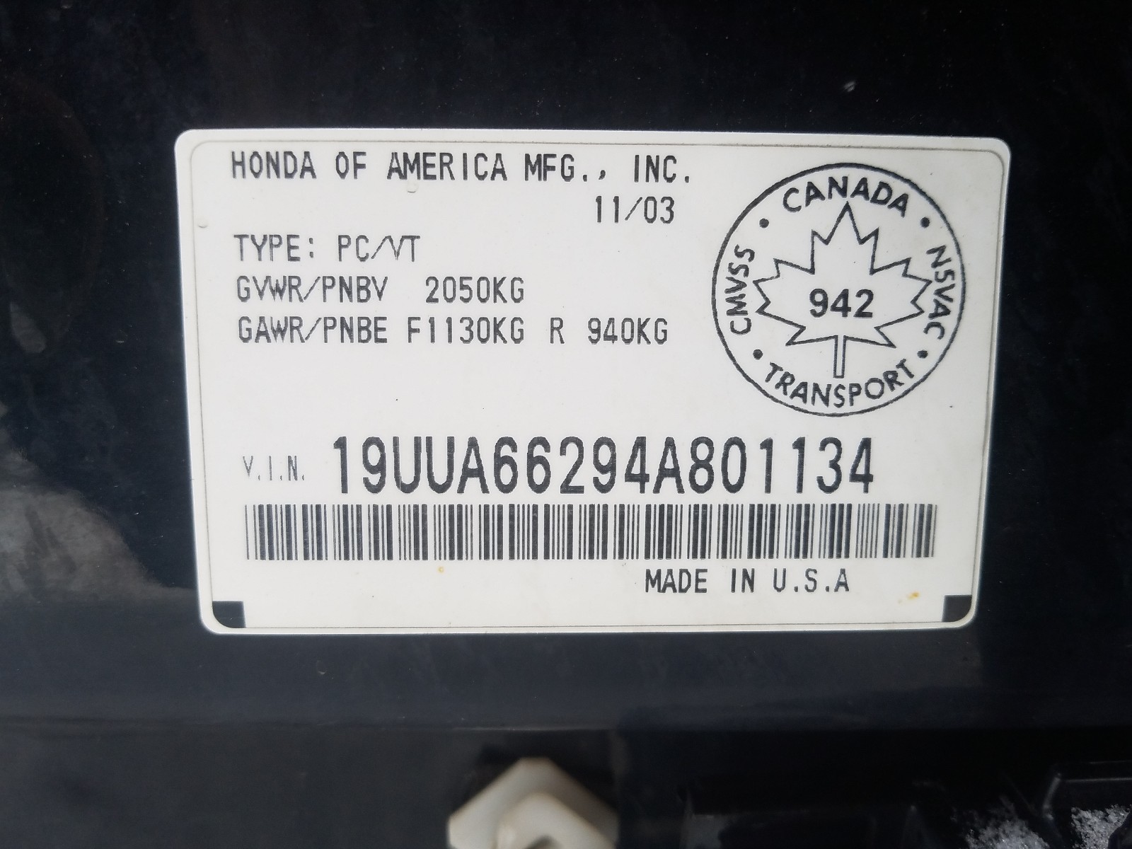 Photo 10 from auction – 2004 ACURA TL with VIN 19UUA66294A801134