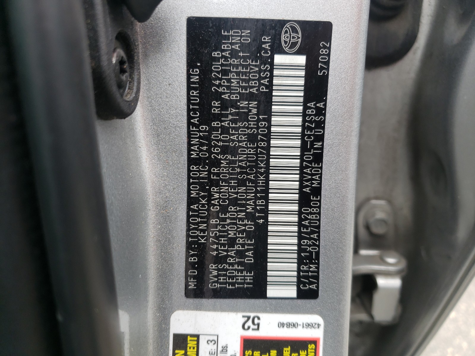 Photo 10 from auction – 2019 TOYOTA CAMRY L with VIN 4T1B11HK4KU787091